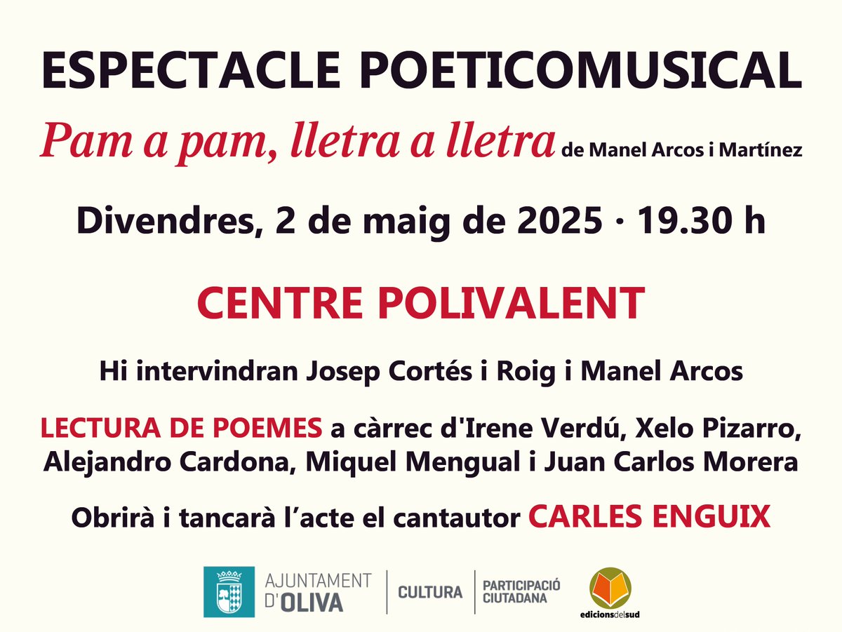 El divendres 2 de maig, a les 19.30 h, <a href="/ManelArcos/">Manel Arcos</a> presentarà al Centre  Polivalent d’Oliva el seu nou llibre de poesia PAM A PAM, LLETRA A  LLETRA.
<a href="/AjuntamentOliva/">Ajuntament d'Oliva</a> <a href="/pibizatc/">pibiza🔻</a>