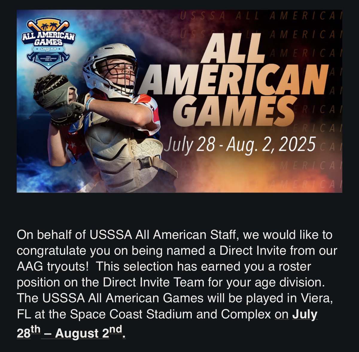 I’m incredibly grateful to share that I’ve been chosen as a direct invite to compete in the USSSA All American Games this summer. It’s an amazing opportunity, and I’m so thankful for the chance to keep learning and growing in this game I love so much! 

#FuryPlatinumMeadows