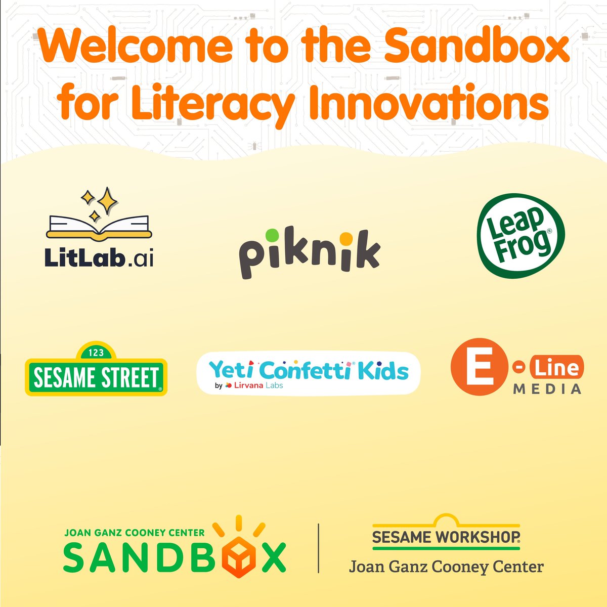 We're thrilled to announce our first partners in the Joan Ganz Cooney Center Sandbox for Literacy Innovations. Welcome @elinemedia, <a href="/LeapFrog/">LeapFrog</a>, @sesameworkshop, @SagoMini (part of Piknik), Lirvana Labs, and LitLab! Learn more here: bit.ly/3ERIVpn