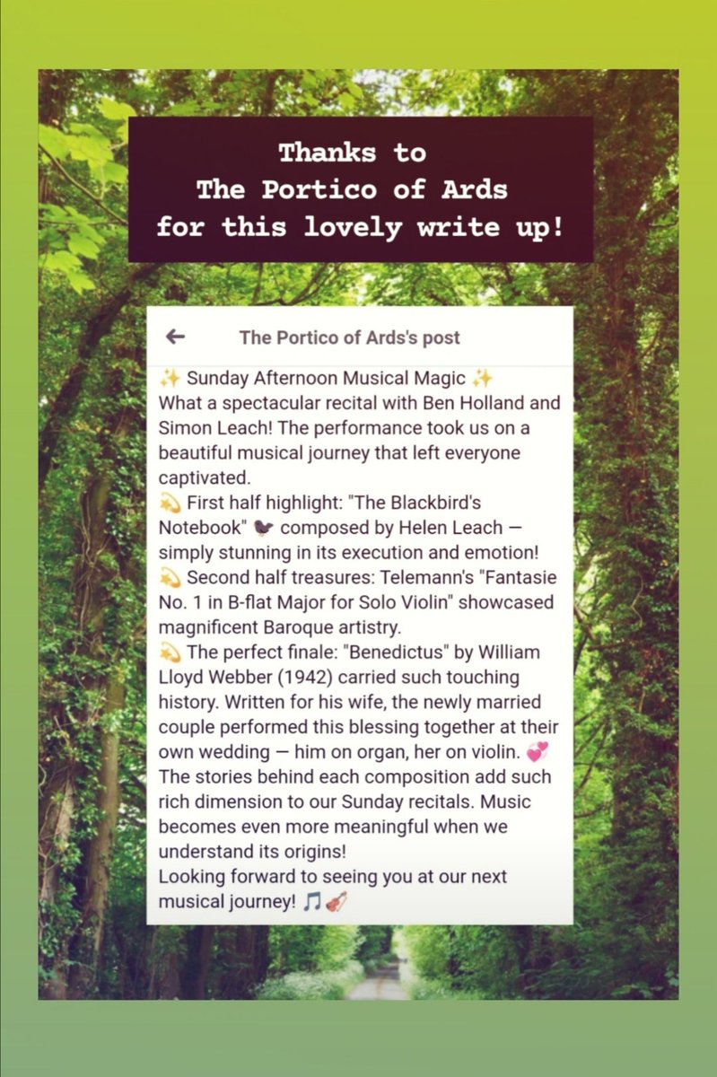 Helen Leach (@helenleachmusic) on Twitter photo Thank you <a href="/PorticoArds/">The Portico of Ards</a> for this lovely FB post! And huge gratitude to <a href="/BenHollandVln/">Benedict Holland</a> and <a href="/sirbasme/">Simon Leach</a> for including The Blackbird's Notebook on Sunday, and for their dedication to record and perform my works with such artistry. 🌠I'm honoured.
Sheet music available <a href="/UnitedMusicPubl/">United Music Publishing Ltd</a> Thank you <a href="/PorticoArds/">The Portico of Ards</a> for this lovely FB post! And huge gratitude to <a href="/BenHollandVln/">Benedict Holland</a> and <a href="/sirbasme/">Simon Leach</a> for including The Blackbird's Notebook on Sunday, and for their dedication to record and perform my works with such artistry. 🌠I'm honoured.
Sheet music available <a href="/UnitedMusicPubl/">United Music Publishing Ltd</a>