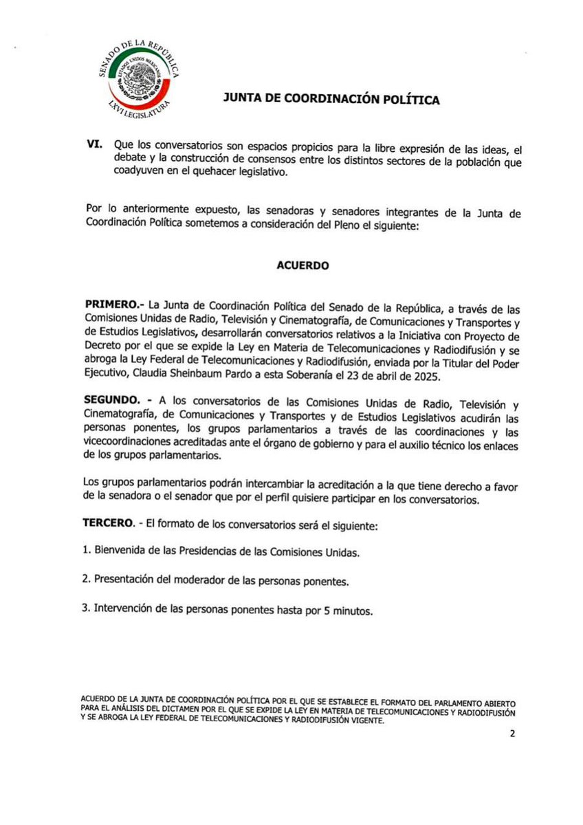 El día de hoy la Junta de Coordinación Política del <a href="/senadomexicano/">Senado de México</a> aprobó la realización de 5 conversatorios para discutir la nueva Ley de Telecomunicaciones, en mayo. Esto no es ninguna concesión de la mayoría, es un claro triunfo de la movilización digital ciudadana. Desde