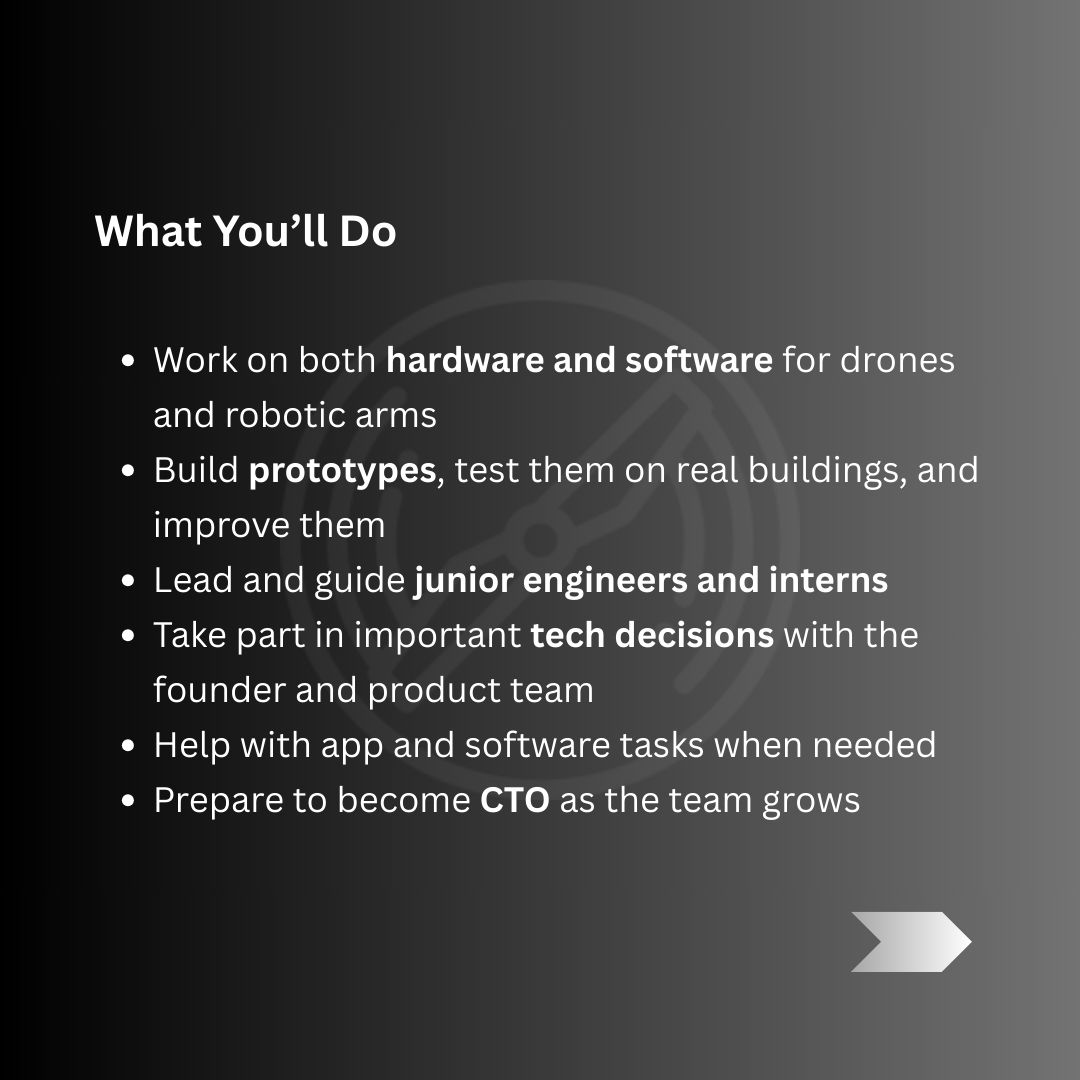 SoaronOfficial's tweet photo. 🔧 𝗧𝗲𝗰𝗵 𝗟𝗲𝗮𝗱 – 𝗥𝗼𝗯𝗼𝘁𝗶𝗰𝘀 &amp; 𝗦𝘆𝘀𝘁𝗲𝗺𝘀
📍 Hyderabad &amp; Chennai (IITMIC) |  Full-Time
💼 Equity + Salary | ⏩ CTO in 2 Quarters

Join Soaron’s early team to lead, build, and scale.

💻 𝗗𝗿𝗼𝗻𝗲𝘀 | 𝗥𝗼𝗯𝗼𝘁𝗶𝗰𝘀 | 𝗣𝘆𝘁𝗵𝗼𝗻/𝗖++/𝗥𝗢𝗦
📩 build@soaron.co https://t.co/p6wuy6fsBR