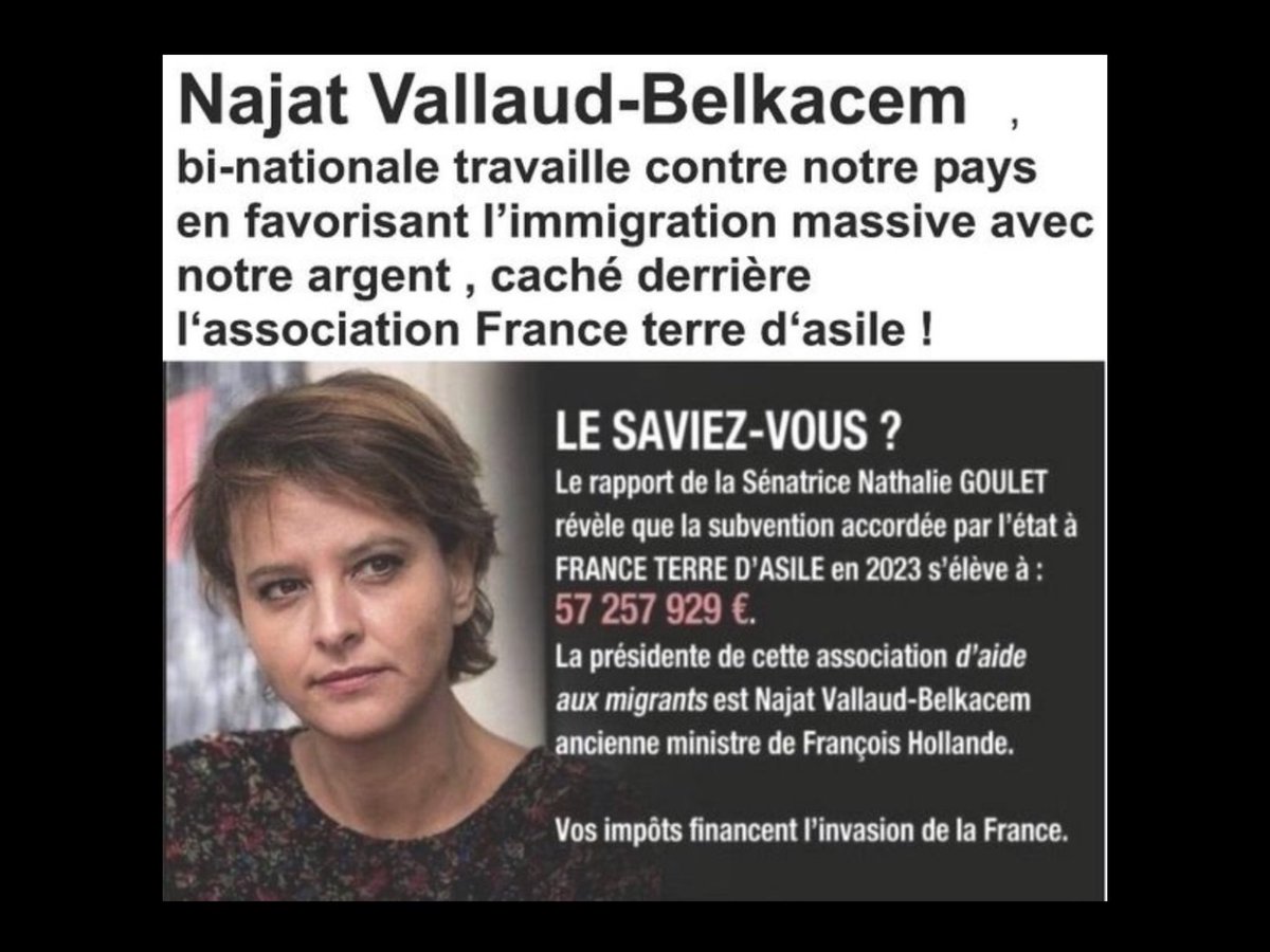 RoseLouise48520's tweet photo. @gauchecaca #NVallaudBelkacem, sa femme, n'est guère mieux, c'est une incompétente christianophobe qui, néanmoins, a été casée comme présidente de #TerreDasile, assoc' pro-immigration arabo muz subventionnée en partie par nos impôts ! https://t.co/q1pTL4u29S