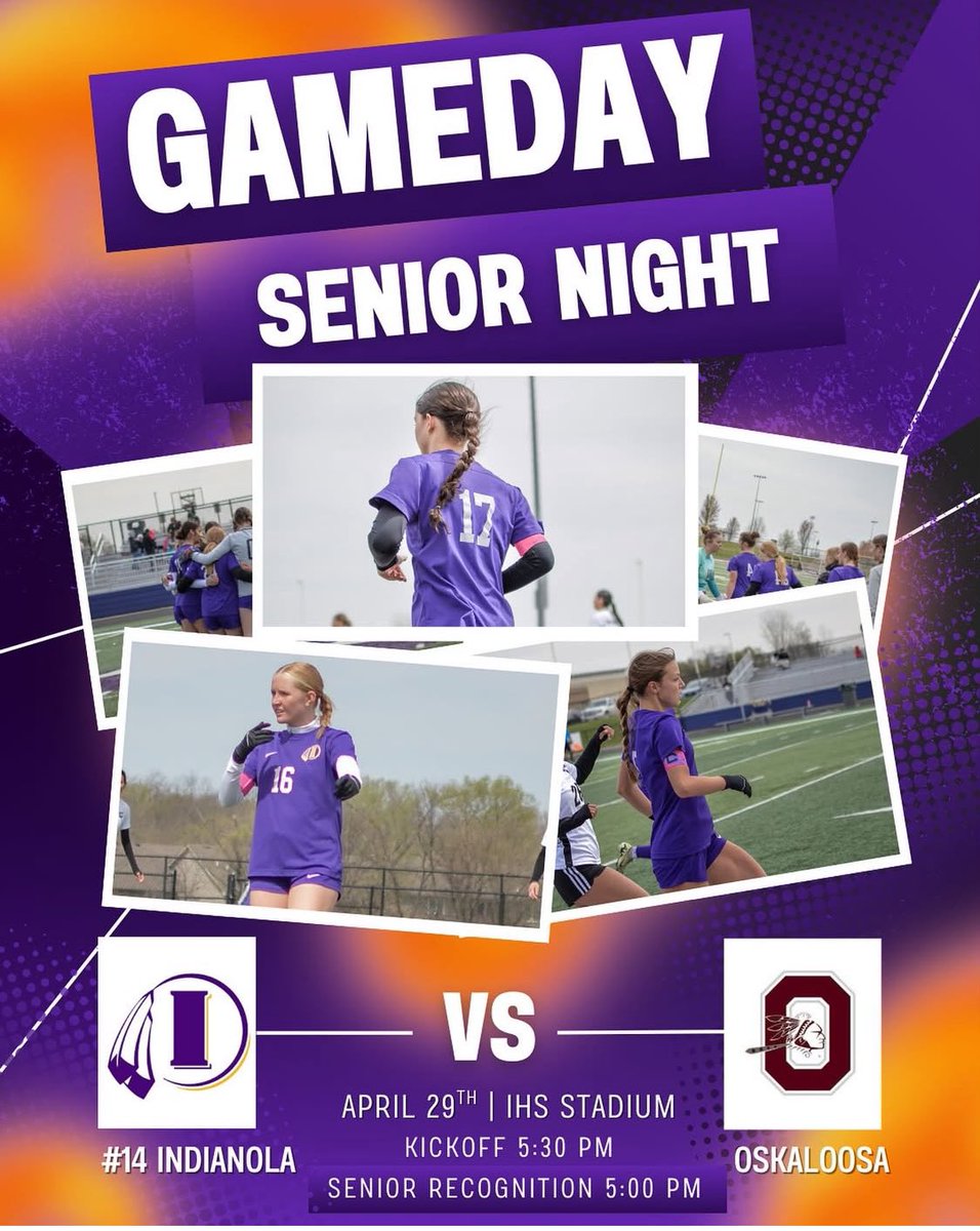 ‼️🚨⚽️Game Day &amp; Senior Night⚽️🚨‼️

🆚 Oskaloosa Indians
⏱️ Senior Recognition 5:00
⏱️ Varsity Kickoff @ 5:30
📍Indianola, IA
🏟️ Indianola High School Stadium
