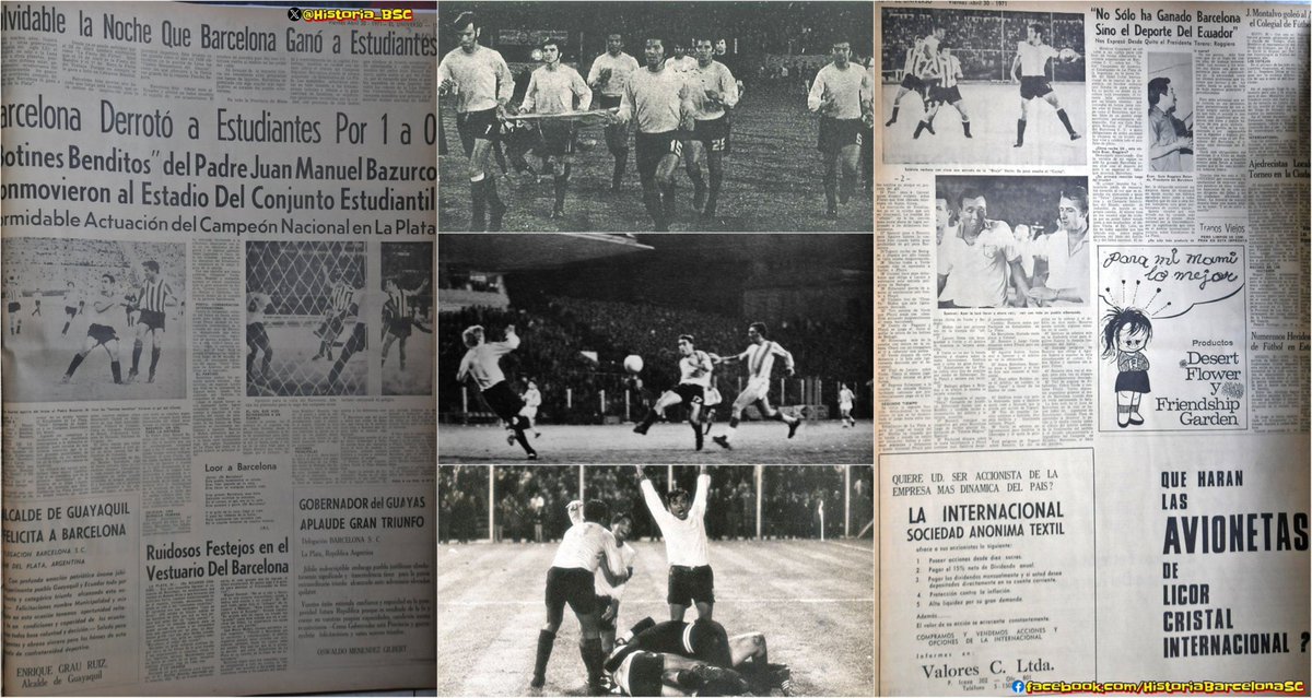 #UnDíaComoHoyBSC (Año 1971)

Estudiantes de La Plata (🇦🇷) 0 – 1 BARCELONA S.C.

Copa Libertadores | Semifinales | Estadio de La Plata | 30.000 personas | Gol: Juan Manuel Bazurko.