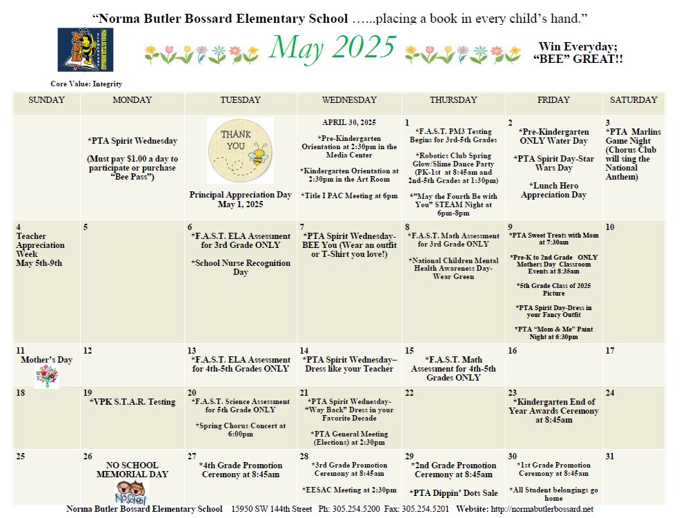 NBB_Elementary's tweet image. Please see our upcoming May events. @mdcps @mdcpssouth @suptdotres #yourbestchoicemdcps #wineveryday #yourbestchoicenbb #bgreat #makeadifference #beegreat