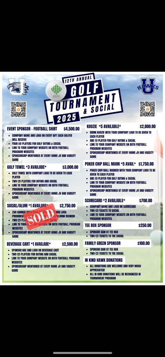 UrbanaHawksFB's tweet photo. Please join us and come out to support your Urbana Hawks on Friday, June 13th for our 12th annual golf tournament a social! ⛳️ 🏌️ 

Even if you’re not a golfer, come out to enjoy a beautiful day outside and support Urbana football! Details below
#HawkMOJO #ItsAllAboutTheU https://t.co/a4RR8fOSlL
