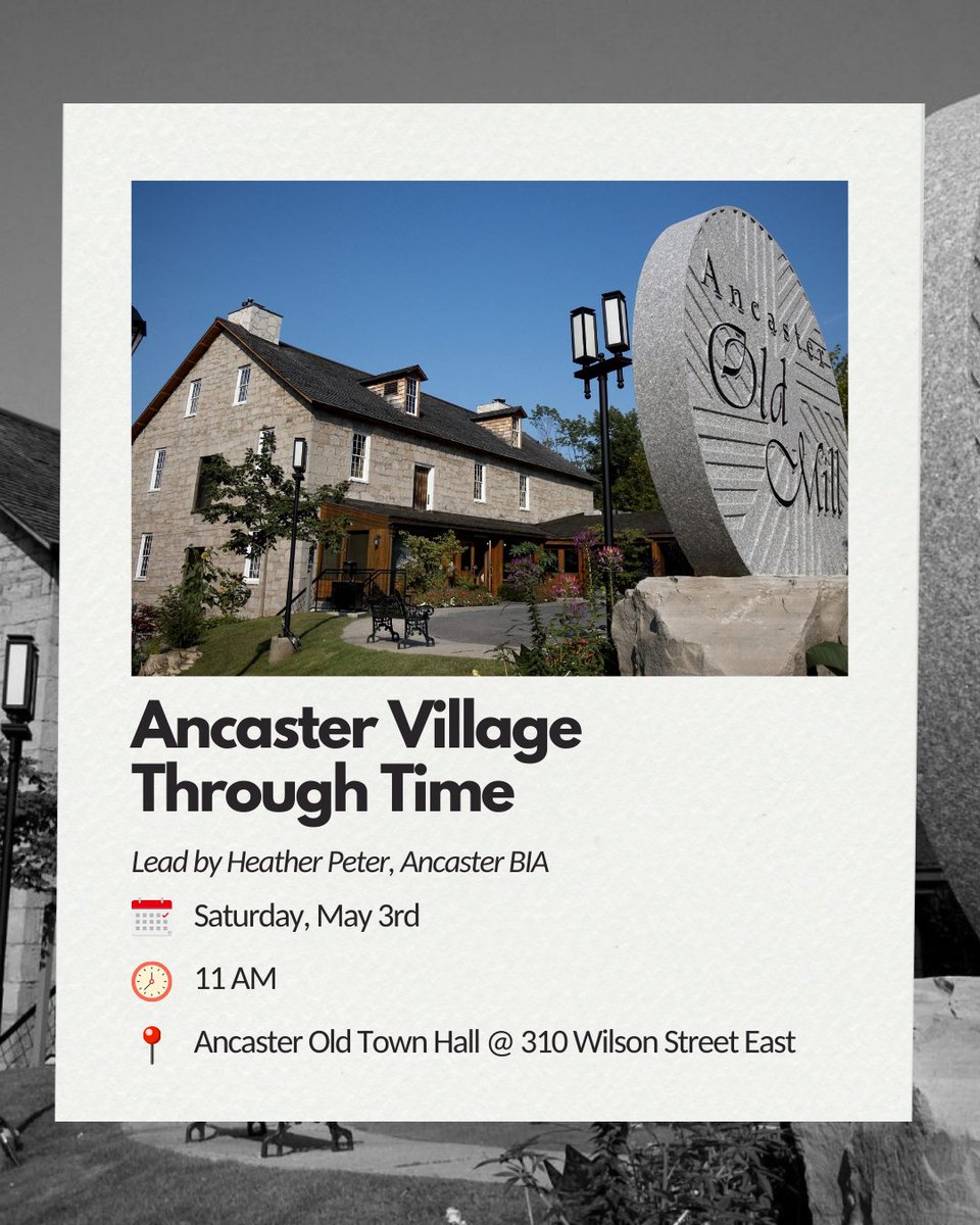 Come join us on Saturday for Ancaster Village Through Time – 📜 A Historic Walking Tour 👟 Travel back in time as you wander through Ancaster Village, one of Ontario’s oldest communities. Lead by <a href="/AncasterVillage/">Ancaster Village</a> #Hamilton #HamiltonEvents #JanesWalk #janeswalkhamilton