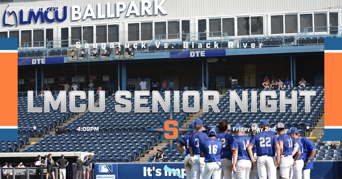 Join us for Senior Night at LMCU Ballpark as our Trailblazers take on Black River! Come celebrate our seniors and show your support this Friday at 4:00 PM. 

#TrailblazersLeadTheWay