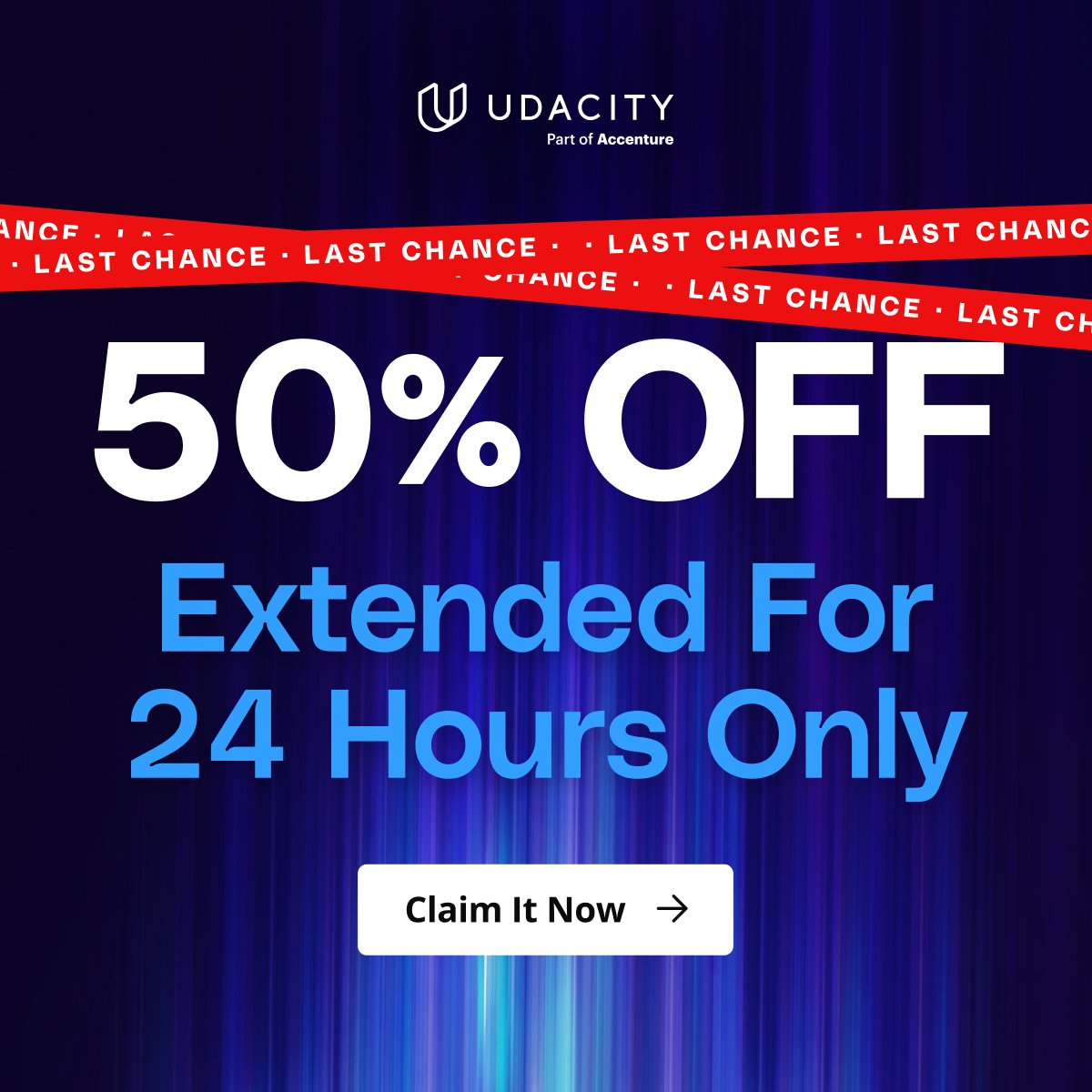 udacity's tweet image. 📣 We’re extending our 50% off sale for 24 hours ONLY! 

Ready to forge your future in tech? Enroll in Udacity now: bit.ly/3GlA149

#first500 #promo #technologynews #skills #AI