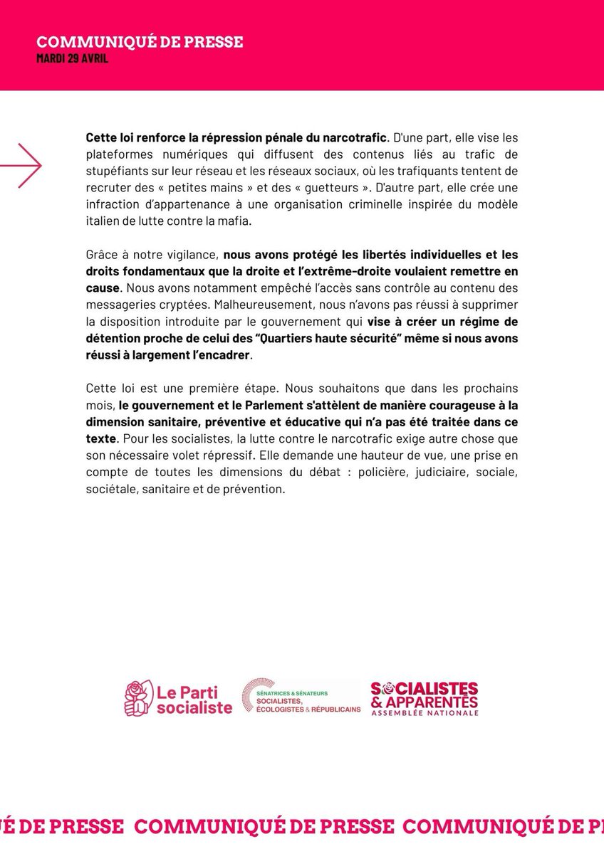 📣 Grâce à la mobilisation des socialistes, le parlement adopte la loi contre le Narcotrafic.

Retrouvez notre communiqué 👉 parti-socialiste.fr/gr_ce_la_mobil…