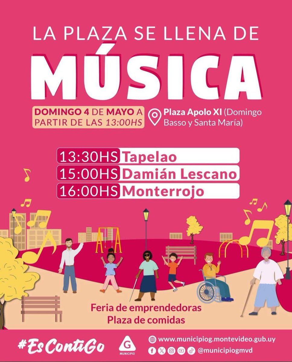 🔥 LA PLAZA DE LLENA DE MÚSICA 🔥 
Los esperamos este domingo 4 de mayo a las 13:30hs en la Plaza Apolo XI (Domingo Basso y Santa María) junto a tremendas bandas!!

Gracias @municipiogmvd ✨️ 

NOS VEMOS AHÍ!