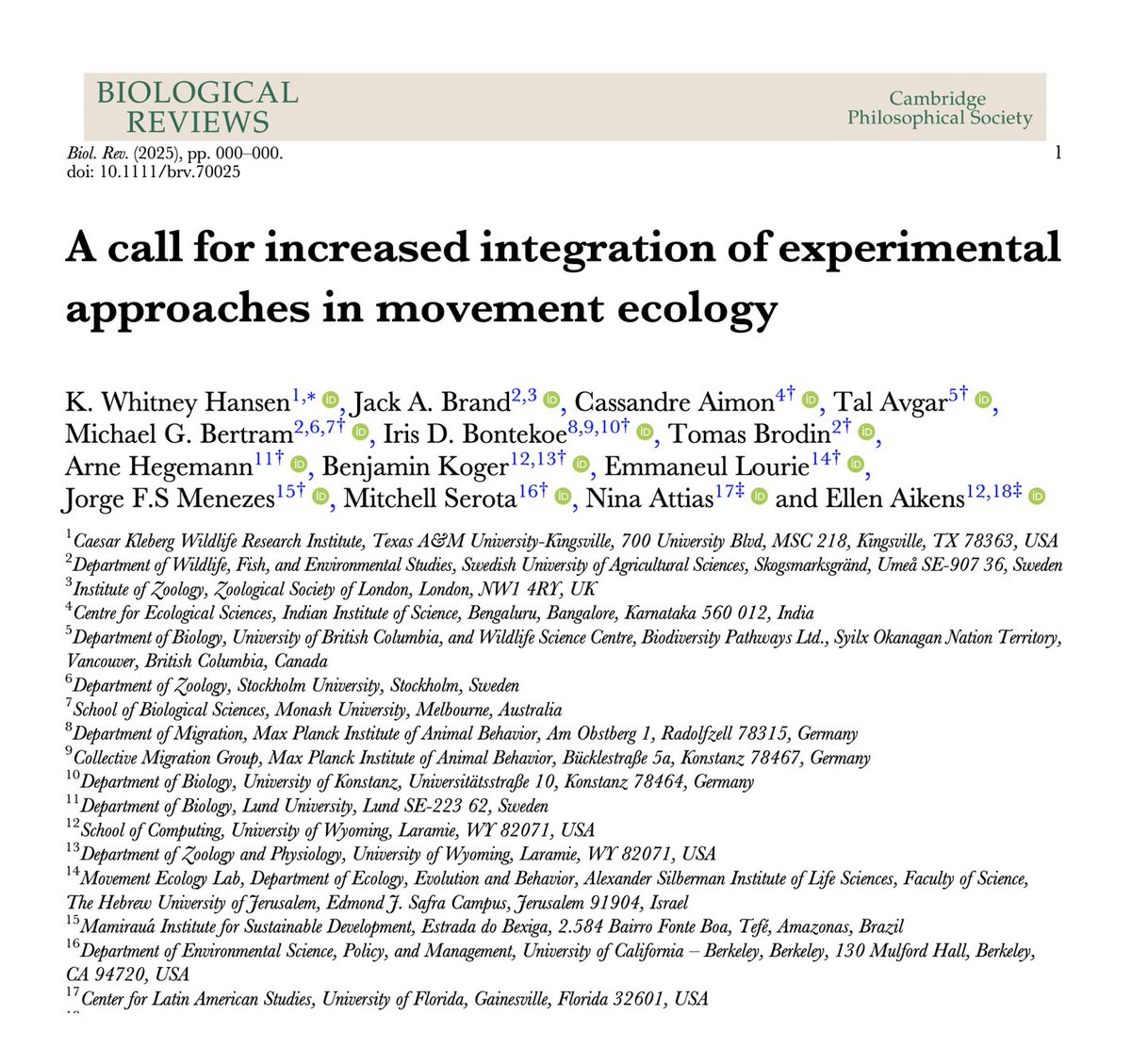 Michael Bertram (@michaelgbertram) on Twitter photo Great to see our new paper on increasing experimental approaches in movement ecology out today in
<a href="/CamPhilSoc/">Cambridge Philosophical Society</a>!
Conceived at a <a href="/GordonConf/">Gordon Research Conferences</a> and brilliantly led by <a href="/WhitHansen1317/">Whitney Hansen, PhD</a> 🐟🦌📡
👉onlinelibrary.wiley.com/doi/abs/10.111…
<a href="/JackAndrewBrand/">Jack Brand</a> <a href="/DrBrodin/">Tomas Brodin</a> <a href="/SLUwildresearch/">SLU Wild Research</a> Great to see our new paper on increasing experimental approaches in movement ecology out today in
<a href="/CamPhilSoc/">Cambridge Philosophical Society</a>!
Conceived at a <a href="/GordonConf/">Gordon Research Conferences</a> and brilliantly led by <a href="/WhitHansen1317/">Whitney Hansen, PhD</a> 🐟🦌📡
👉onlinelibrary.wiley.com/doi/abs/10.111…
<a href="/JackAndrewBrand/">Jack Brand</a> <a href="/DrBrodin/">Tomas Brodin</a> <a href="/SLUwildresearch/">SLU Wild Research</a>