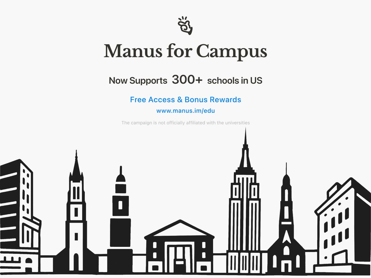 The love spreads! 💙 Manus for Campus is rolling out nationwide, now supporting 300+ US universities &amp; colleges!

Students, get FREE access with no invite code needed. Find your campus &amp; join us! 👉 manus.im/edu