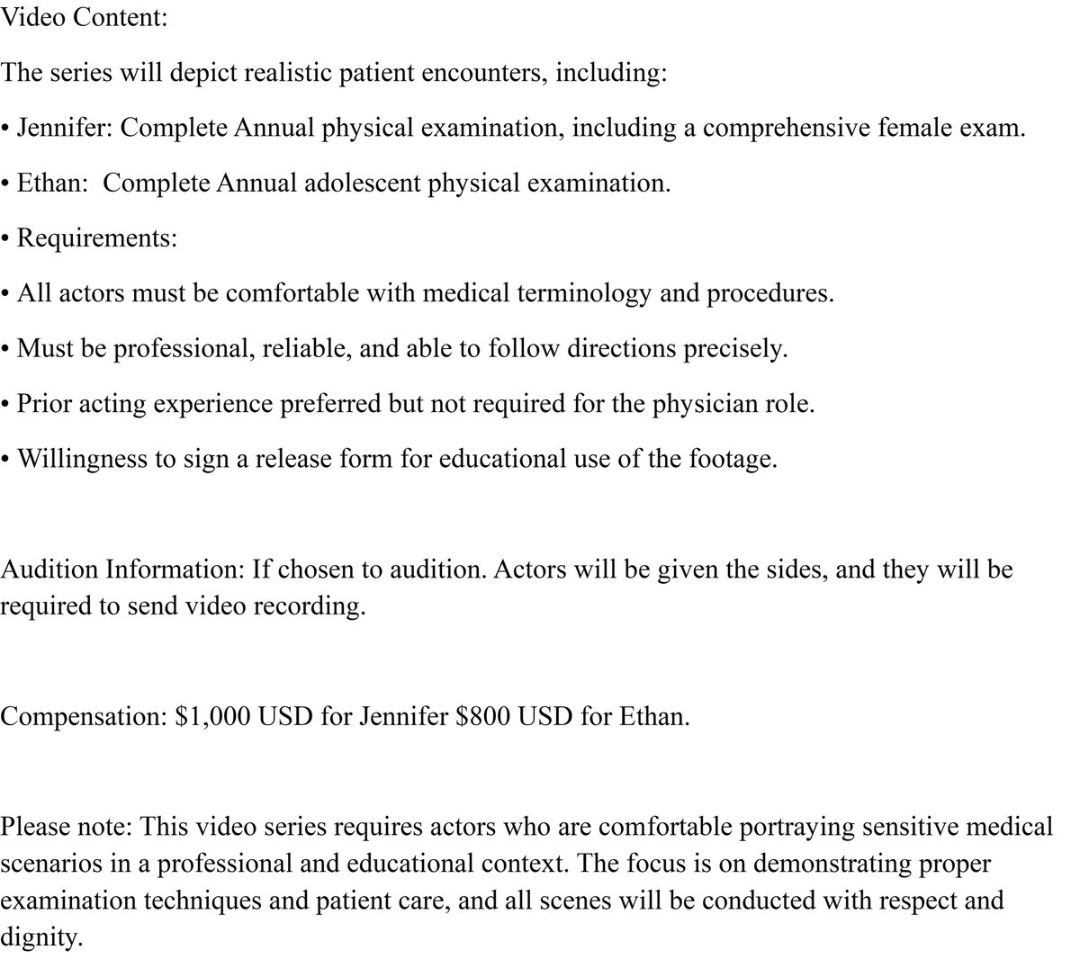 Casting Call: Educational Medical Video Series - Examination Tutorial. Please email Video Work Productions your head shot, full body shot, resume and reel to vid.wrk@gmail.com.