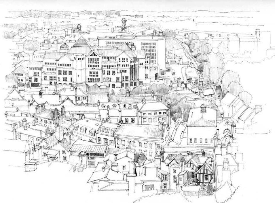 View south west from the tower of York Minster dominated by the offices of Aviva Insurance Company. In the foreground medieval tenements in Blake Street with 18th century  Assembly Rooms behind.

#ArchitecturalIllustration #pencil #drawing