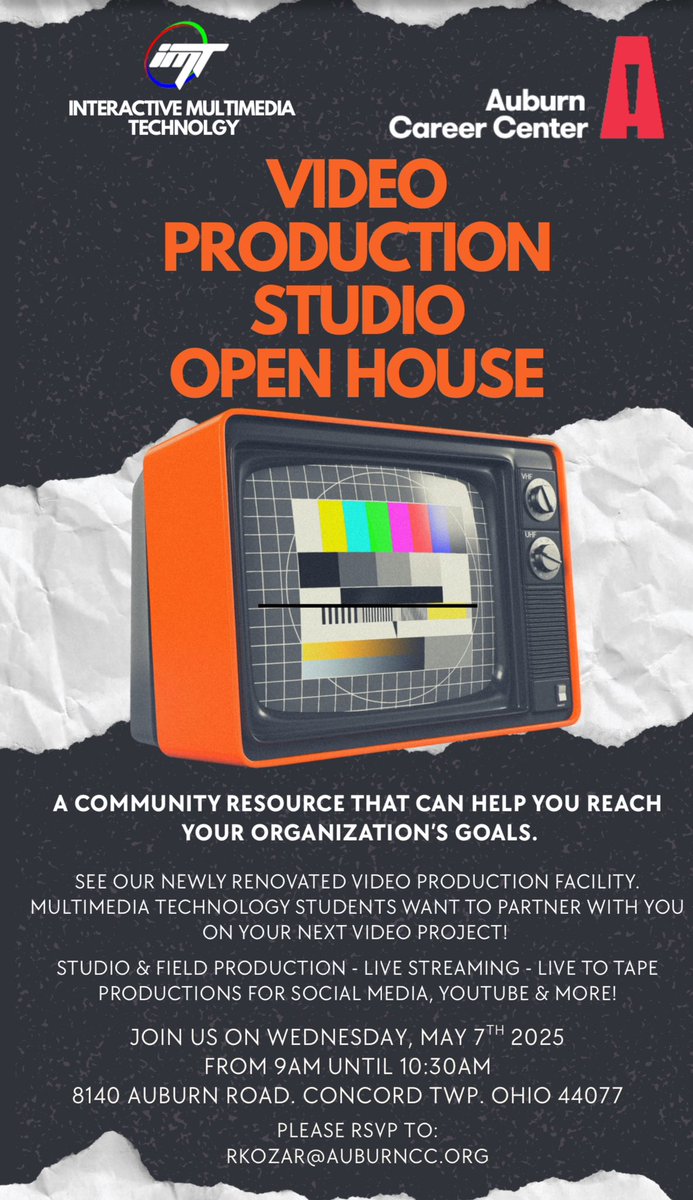 Check out our newly renovated Studio! Join us Wed, May 7 | 9–10:30AM to tour the Interactive Multimedia Technology studio.

Great chance to tour the space &amp; connect on media projects!

RSVP: rkozar@auburncc.org
#AuburnCC #TVStudio #OpenHouse #CareerTech #Multimedia