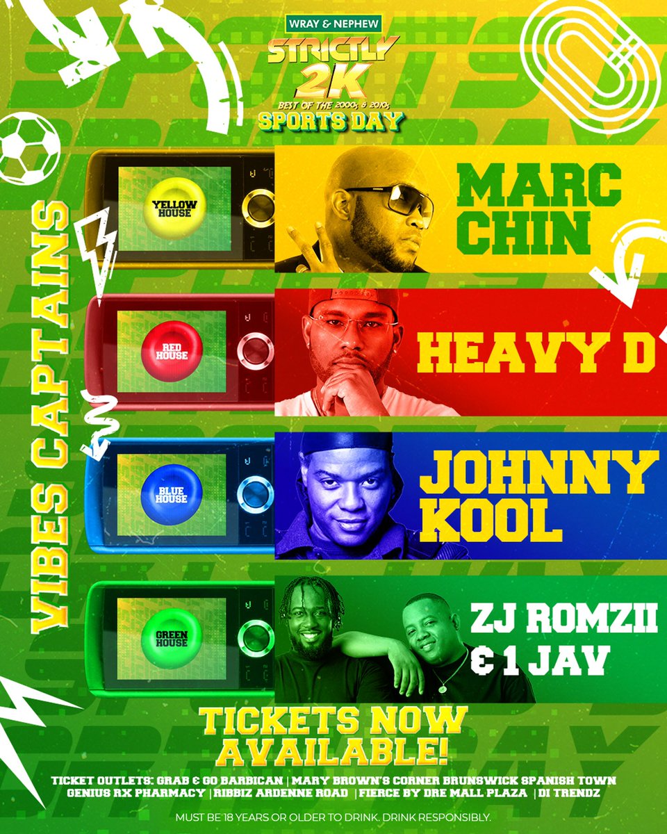 On Saturday, May 24th @wrayrum STRICTLY 2K will be having a SPORTS DAY!

Your VIBES CAPTAINS:

<a href="/COPPERSHOTMUSIC/">Coppershot</a> Yellow House
<a href="/HEAVYDCHROMATIC/">HEAVY D CHROMATIC</a> Red House
<a href="/johnnycyaankool/">IG: Johnnycyaankool</a> Blue House
<a href="/ZJRomzii/">ZJ ROMZII/STRICTLY MAFIA ✨</a>  Green House

Pick a side and bring that 2000s and 2010s energy!

Get your tickets now!
