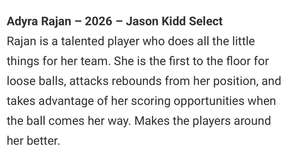 Adyra Rajan (@adyra10bball) on Twitter photo Thank you <a href="/JrAllStarBB/">Jr. All-Star Girls Basketball</a> 
<a href="/JKSelectGbb/">Jason Kidd Select GBB</a> <a href="/SelectEventsBB/">Select Events Basketball</a> Thank you <a href="/JrAllStarBB/">Jr. All-Star Girls Basketball</a> 
<a href="/JKSelectGbb/">Jason Kidd Select GBB</a> <a href="/SelectEventsBB/">Select Events Basketball</a>