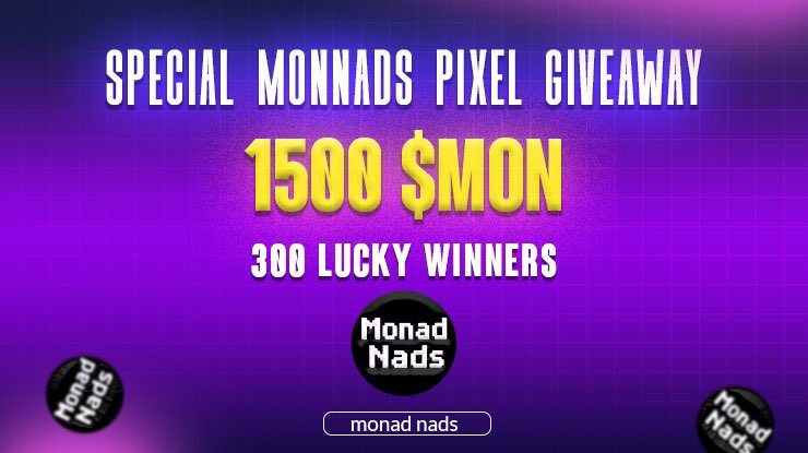 mon_nads's tweet photo. Special Monnads Pixel Giveaway 

Total: 1500 $MON 
Total: 300 Lucky Winners ( 50 Winners from X ) ( 250 Winners from Discord ) 

X Task! 
✔️Like+ RT 
✔️Tag friends 

Discord: https://t.co/gmvyX4ieiJ
Submit your wallet in Discord 👇
✔️Go to Community >Submit wallet https://t.co/qmLVfdY0cY