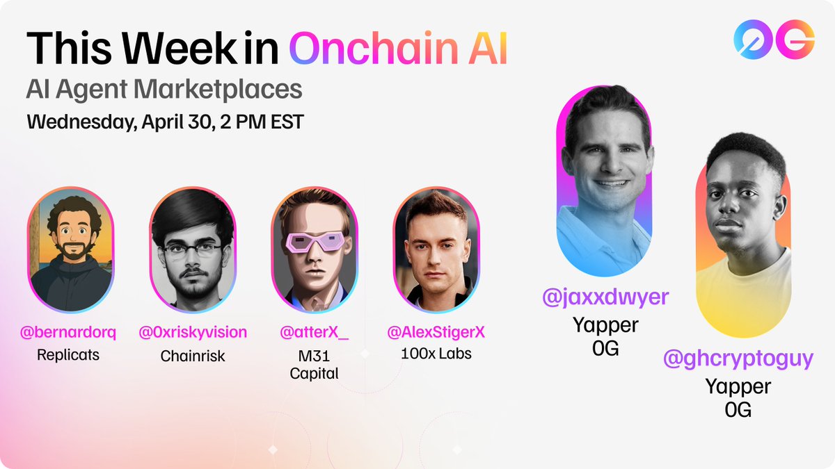 TOMORROW: This Week in Onchain AI with <a href="/jaxxdwyer/">Jax Dwyer</a> &amp; <a href="/ghcryptoguy/">Elisha (Ø,G)</a> 🙌

We’re diving into AI Agent Marketplaces with <a href="/bernardorq/">Bernardo Quintao</a>, <a href="/0xriskyvision/">Sudipan | Chainrisk 🛡️</a>, <a href="/atterX_/">David Attermann</a>, &amp; <a href="/AlexStigerX/">Alex Stiger</a> 🤖

April 30 | 2 PM EST
