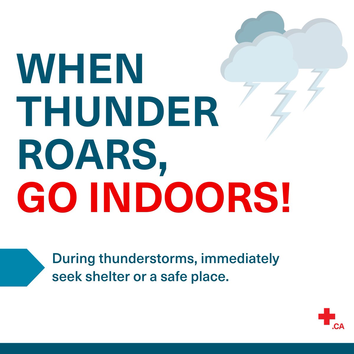 ⚠️ During a thunderstorm, immediately seek shelter.

If you are inside: close outside doors &amp; windows &amp; keep away from windows.

If you are outside: get out of open fields &amp; stay away from water.

Learn more tips: redcross.ca/how-we-help/em…