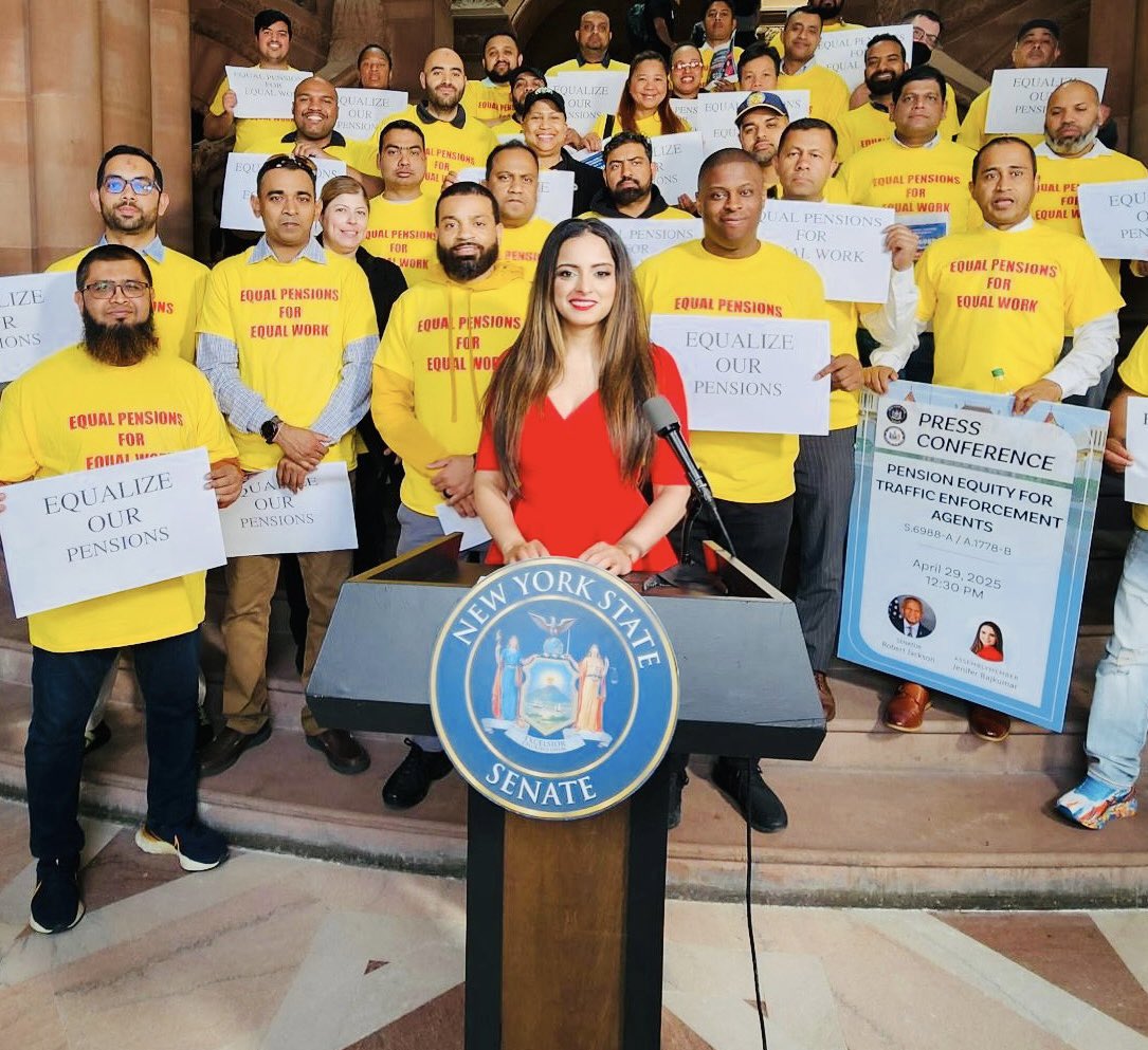 Jenifer Rajkumar (@jeniferrajkumar) on Twitter photo Equal Pensions for Equal Work!
Today in Albany, <a href="/NYPD_Guardians/">NYPD Guardians Association</a> and the Bangladeshi American Police Association joined me to fight for my bill giving traffic enforcement agents the pensions they earned. We’re bringing justice to New York’s Finest.
#PensionEquity #LadyInRed #NYPD Equal Pensions for Equal Work!
Today in Albany, <a href="/NYPD_Guardians/">NYPD Guardians Association</a> and the Bangladeshi American Police Association joined me to fight for my bill giving traffic enforcement agents the pensions they earned. We’re bringing justice to New York’s Finest.
#PensionEquity #LadyInRed #NYPD