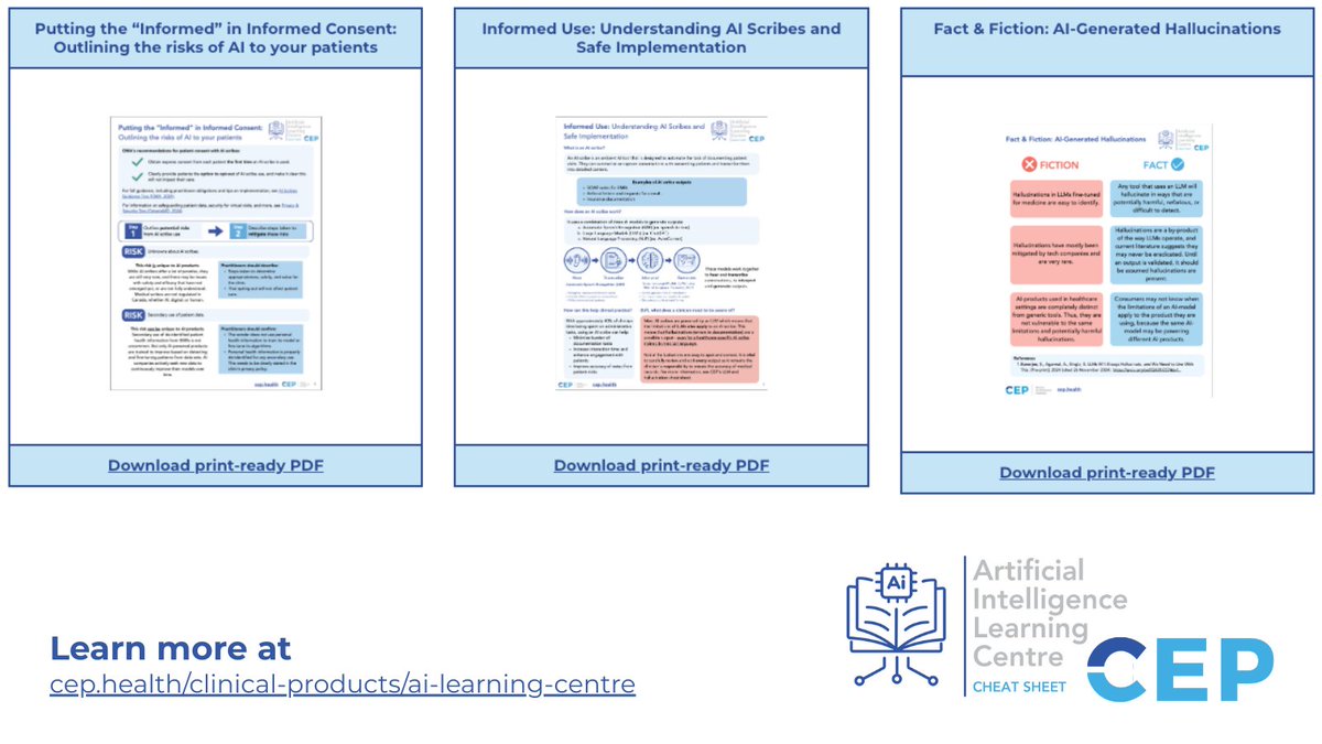 Considering using AI in your practice? 🤖 Our cheat sheets break down key topics like informed consent, AI scribes, and AI-generated hallucinations, so you can confidently use AI safely &amp; effectively.
🔗 Check them out: cep.health/clinical-produ… #AIinHealthcare #PrimaryCare
