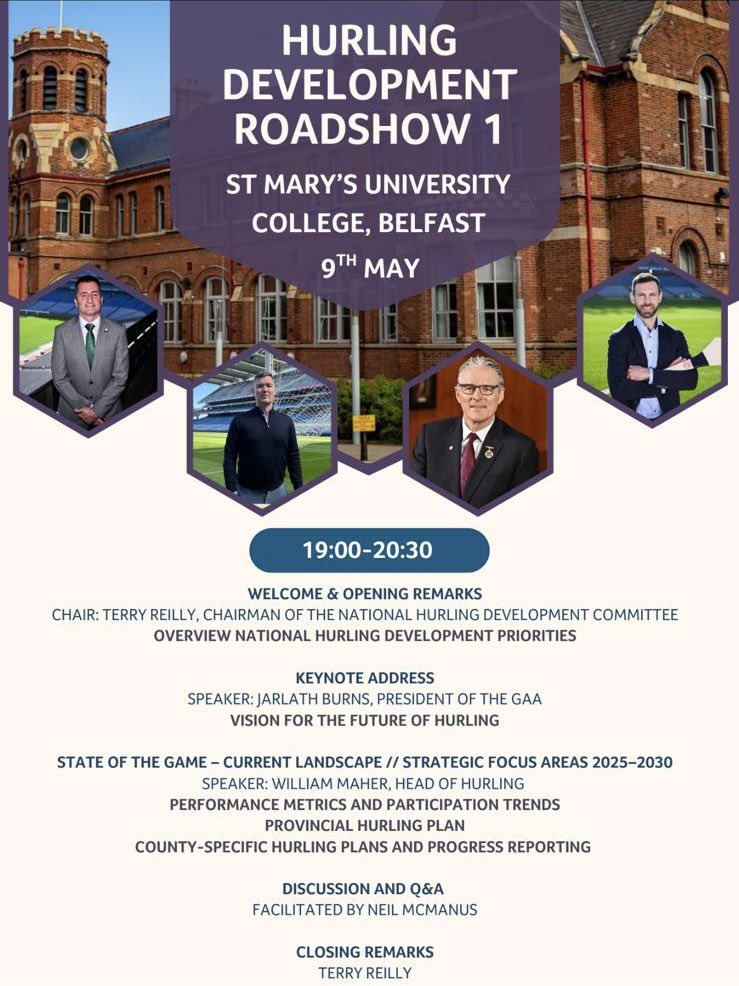 AontroimGAA's tweet image. Hurling Development Roadshow at @StMarys_Belfast on Friday 9th May 🏑🥎

 Antrim and @GortnaMonaCLG’s Terry Reilly the Chair of the Development Committee, GAA President Jarlath Burns, Head of Hurling Willie Maher and @RuairiOgCLG’s Neil McManus 

Register: forms.office.com/e/YEjanMZ4CB