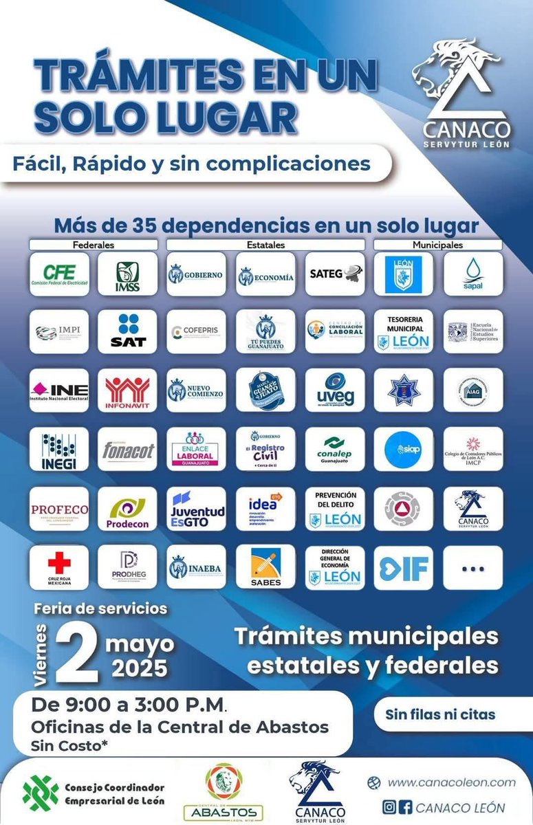 AIAGto's tweet photo. FERIA DE SERVICIOS @canacoleon 

Realiza trámites y da seguimiento a temas con 35 dependencia federales, estatales y municipales. 

✅ INFONAVIT
✅ Registro Civil 
✅ SAT
✅ Módulo AIAG (Asesoría)

 📅 Viernes 2 mayo
📍 Central de Abastos 
⏰ 9:00 am a 3:00 pm. 

¡Te esperamos! https://t.co/XDUMFHUACN