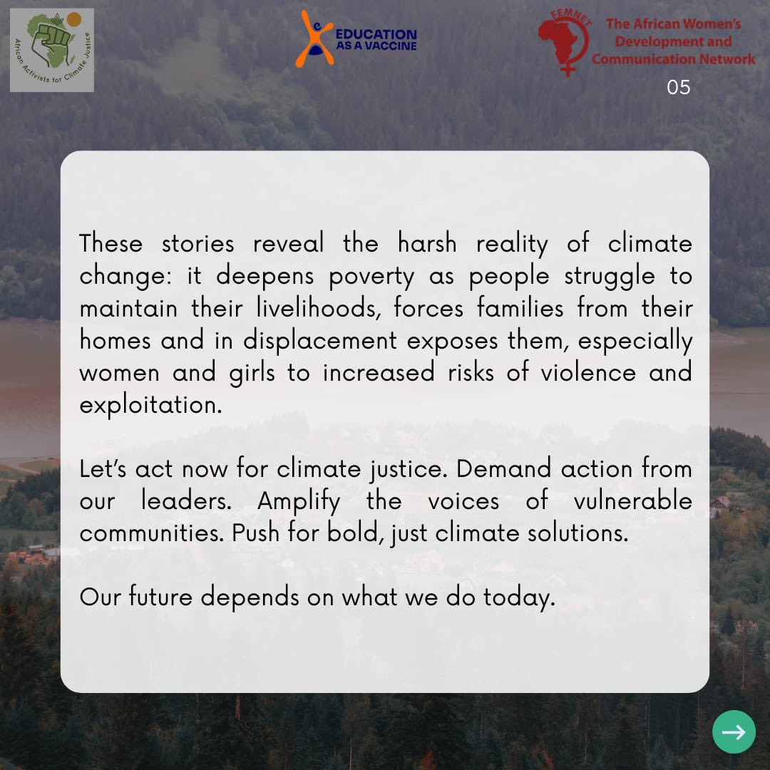 Women are major caregivers of the home &amp; it gets increasingly terrifying when they lose a place they call “home” to tragic events. Climate impacts are real and the fate of women like Jumai is not ascertained amidst the crises. 
#climateactionnow 
#climatejustice
#aacjfsma