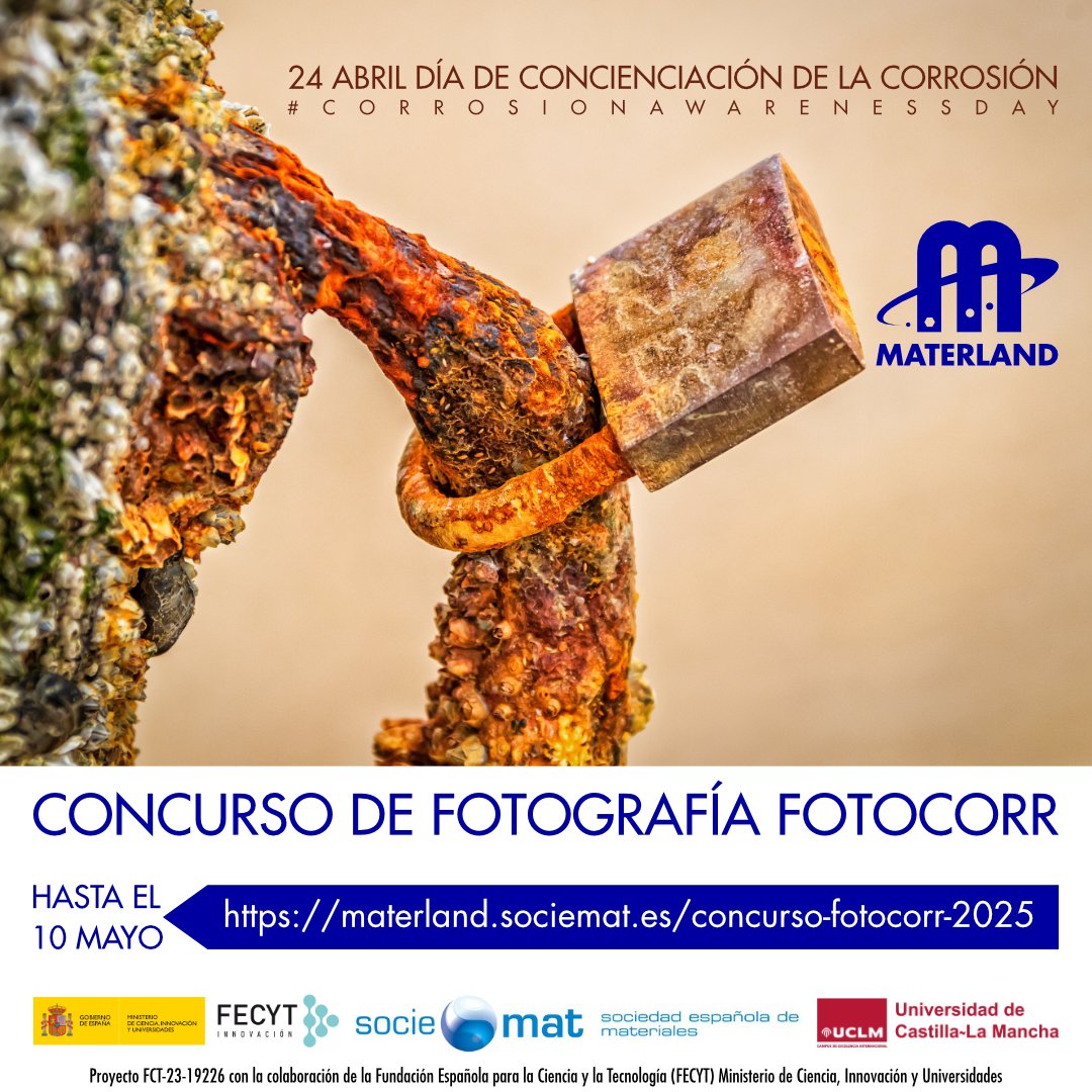 Seguro que sabías😎que la corrosión es tan importante que existe el #Corrosionawarnessday25 o que el coste💶a nivel mundial es superior a los 2500 M de €😱.

Pero a que no sabías🤩que <a href="/materlandfct/">MATERLAND</a> lanza de nuevo el concurso #Fotocorr2025!!!

ℹ️→ acortar.link/jq5hJy