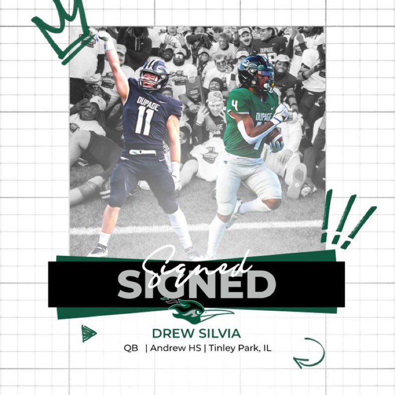 Drew Silvia (@drewsilvia5) on Twitter photo Blessed to announce my commitment to play football at College of DuPage! Thankful for my family, coaches, and teammates. Excited to join <a href="/Dupage_Football/">College of DuPage Football</a> and work hard! 🏈 #GoChaps
<a href="/FBCoach_Rahn/">Coach Matthew Rahn</a> <a href="/CoachTCip/">Coach Cipriano</a> <a href="/Coach_PauleyD/">𝐃𝐞𝐚𝐧 𝐏𝐚𝐮𝐥𝐞𝐲</a> <a href="/coachjbeard1/">Joel Beard</a> <a href="/VJA_FOOTBALL/">Andrew Football</a> <a href="/CoachLew_66/">Adam W. Lewandowski</a> Blessed to announce my commitment to play football at College of DuPage! Thankful for my family, coaches, and teammates. Excited to join <a href="/Dupage_Football/">College of DuPage Football</a> and work hard! 🏈 #GoChaps
<a href="/FBCoach_Rahn/">Coach Matthew Rahn</a> <a href="/CoachTCip/">Coach Cipriano</a> <a href="/Coach_PauleyD/">𝐃𝐞𝐚𝐧 𝐏𝐚𝐮𝐥𝐞𝐲</a> <a href="/coachjbeard1/">Joel Beard</a> <a href="/VJA_FOOTBALL/">Andrew Football</a> <a href="/CoachLew_66/">Adam W. Lewandowski</a>
