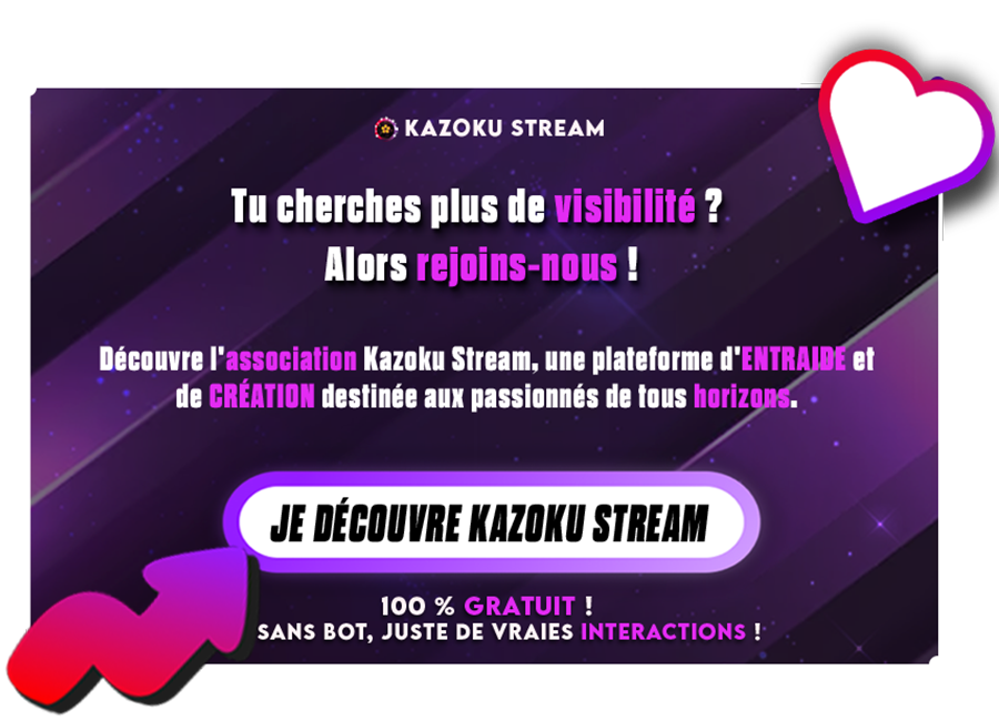 DimitriMomha's tweet photo. Découvrez Kazoku Stream  @KazokuStream  

• Une association saine et active de créateur. La plateforme ultime pour booster votre créativité et gagner en visibilité, grâce à une communauté dynamique et des outils innovants ! https://t.co/OLPr8ESZug https://t.co/a8rqqXI3Gx