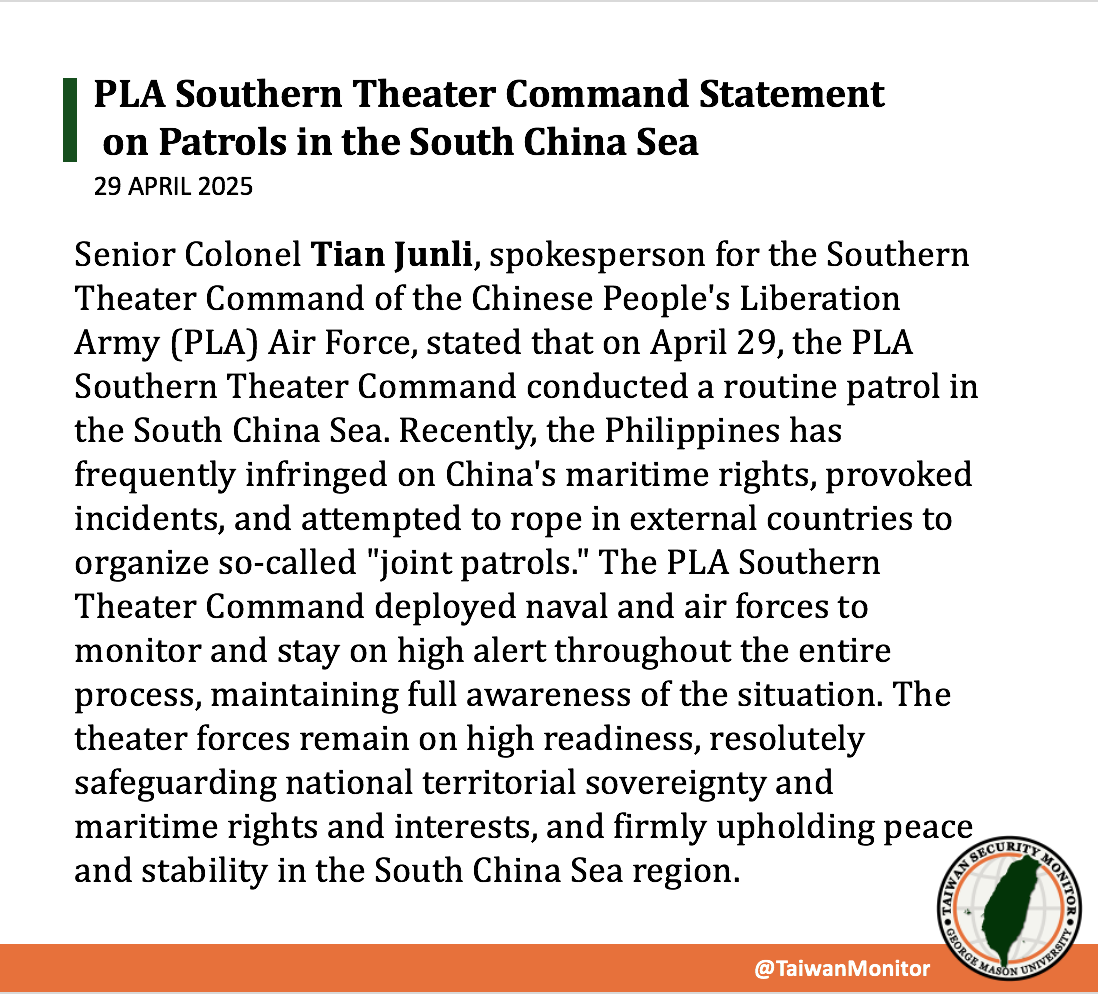 TaiwanMonitor's tweet image. NEW: Following the PRC's condemnation of the Philippine's joint exercises and "Taiwan-Related" actions, the PLA's Southern Theater Command has announced it has conducted "routine patrols" in the South China Sea. 

The STC has deployed air and sea assets to "monitor" and stay on…