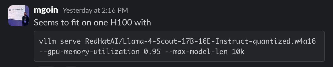 We quantized Llama-4-Scout-17B-16E-Instruct to INT4, reducing the number of bits used to represent weights from 16 to 4.

Result: 100% accuracy recovery with 75% less GPU memory needed. Fits on a single NVIDIA H100 GPU.

Get it on Hugging Face: huggingface.co/RedHatAI/Llama…