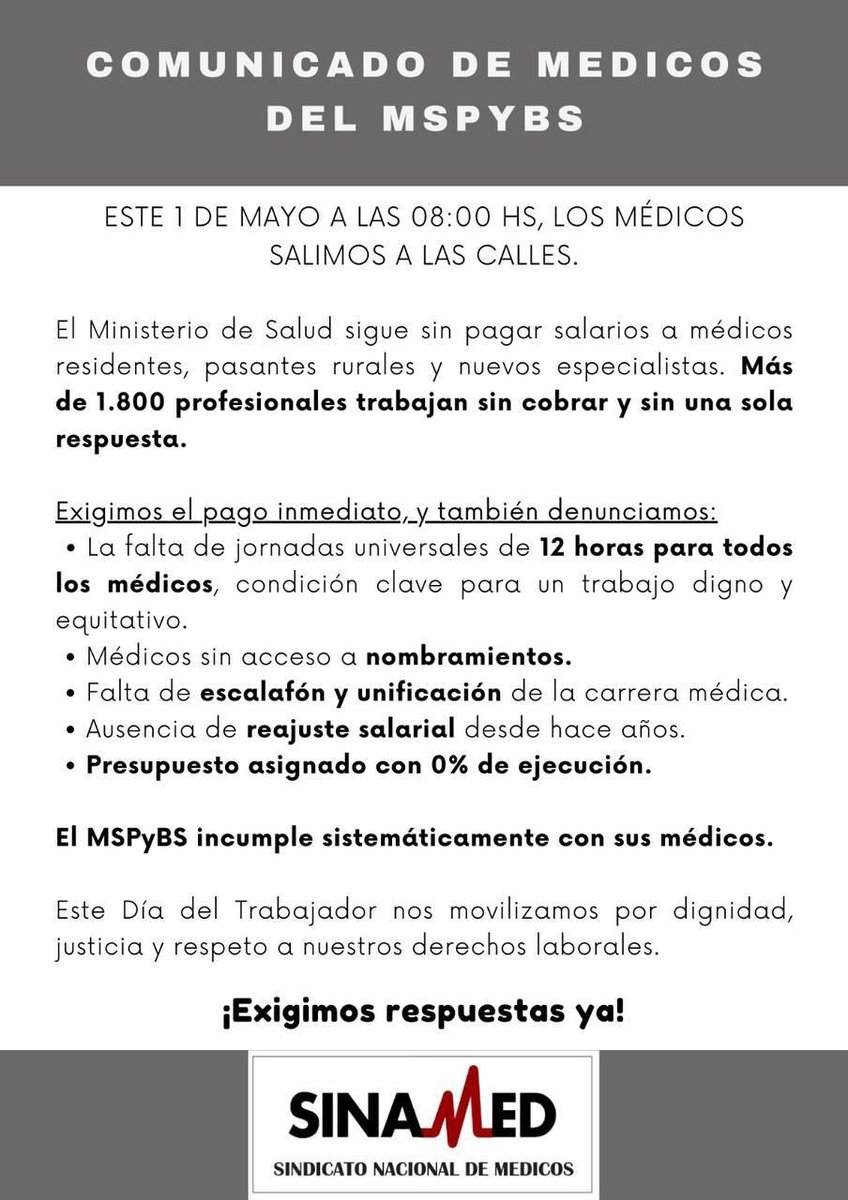 aila_llam's tweet photo. Sabían ustedes que los médicos residentes del país, es decir la mano de obra BARATA que mantiene el sistema de salud, no está cobrando su salario? No es solo que no cobramos el supuesto aumento, no cobramos nada de nada. Hay alguna explicación?  @msaludpy @MEF_Paraguay https://t.co/mt2wPDaBq1