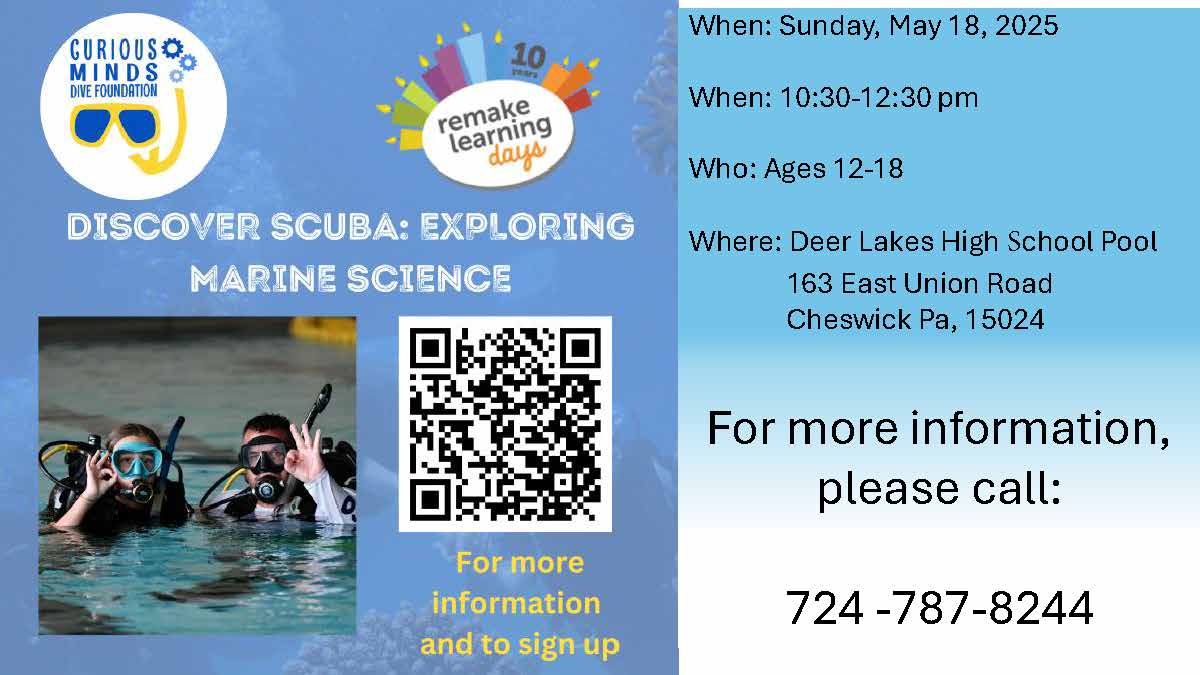Your children, ages 12-18, can learn how to Scuba Dive at the High School Pool on Sunday, May 18! See the graphic for more information! #DLProud