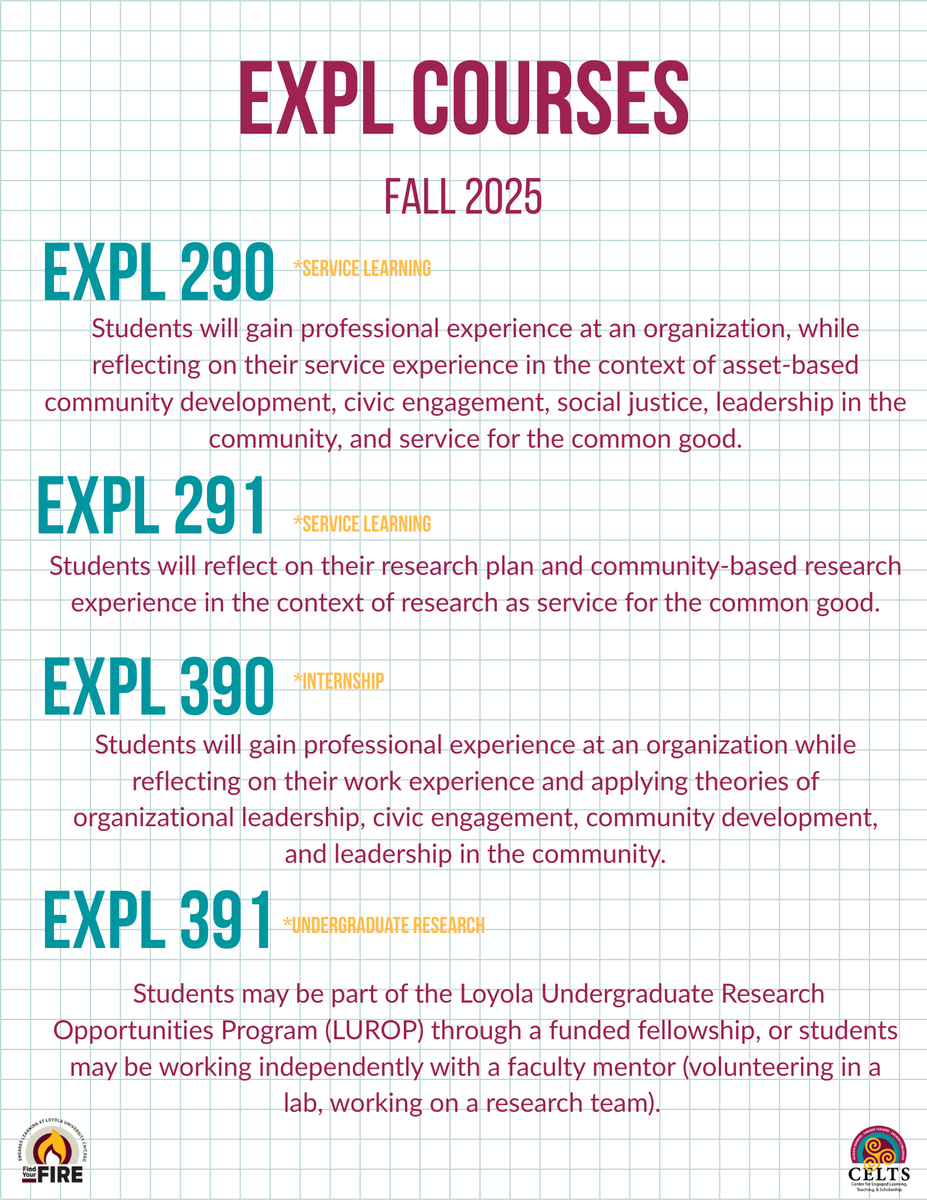 LUC_CELTS's tweet photo. Check out these EXPL courses being offered  next semester 👀 ! Still looking to fulfill your Engaged Learning requirement? All of these classes will fulfill that credit! These courses will engage you in experiential learning experiences that will take you beyond the classroom! https://t.co/regaLvQQUu