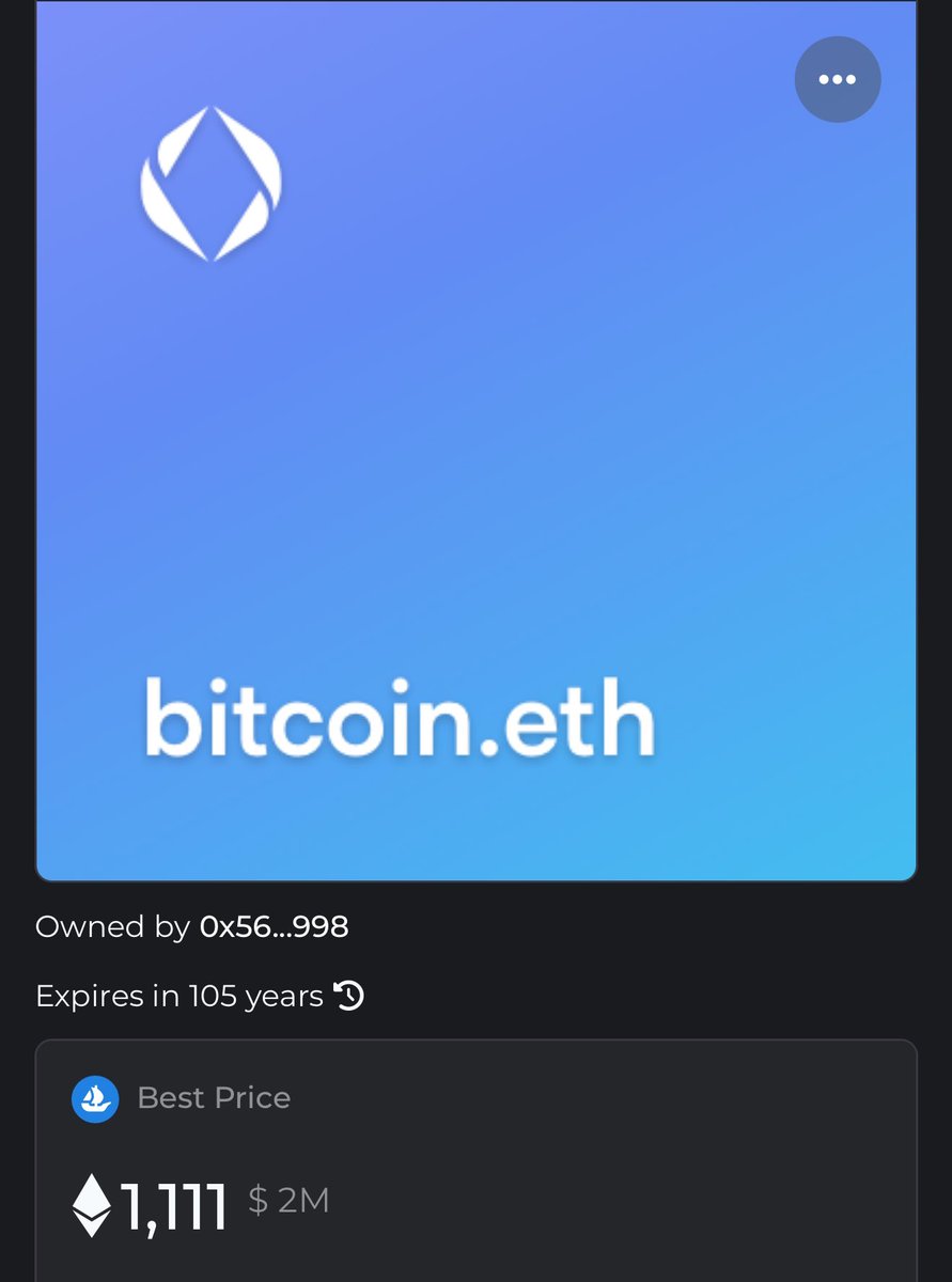 Bitcoin.eth listed for the first time ever today for 2 mil.

It will be interesting to see when &amp; where this one lands. 

Registered for 105 years. 🔥 

#ens #btc