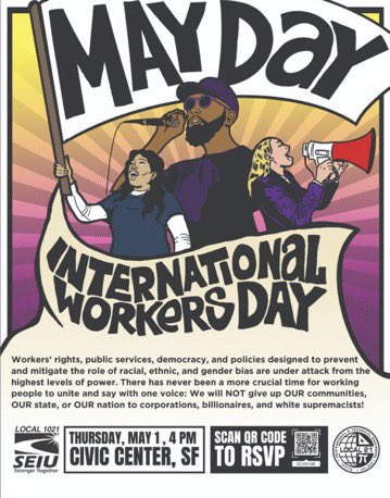 Mark your calendars for Thursday, May 1, at 4pm to protect public services. Meet at SF City Hall front steps on Polk St. For #InternationalWorkersDay
