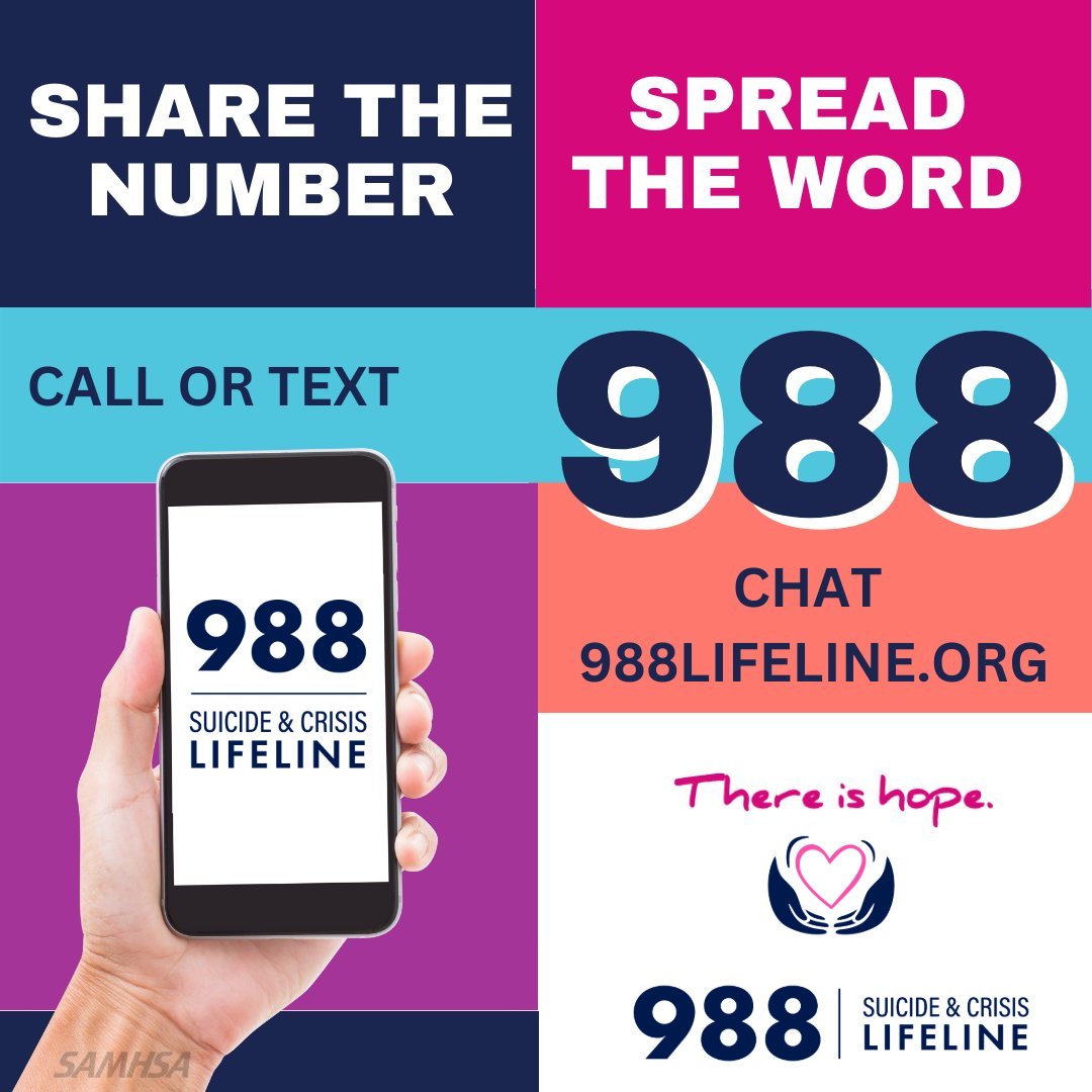 Share the number. Spread the word. Add the #988Lifeline (988) to your phone now—it could save a life later. 

Trained crisis counselors are available to talk 24/7/365. 988Lifeline.org