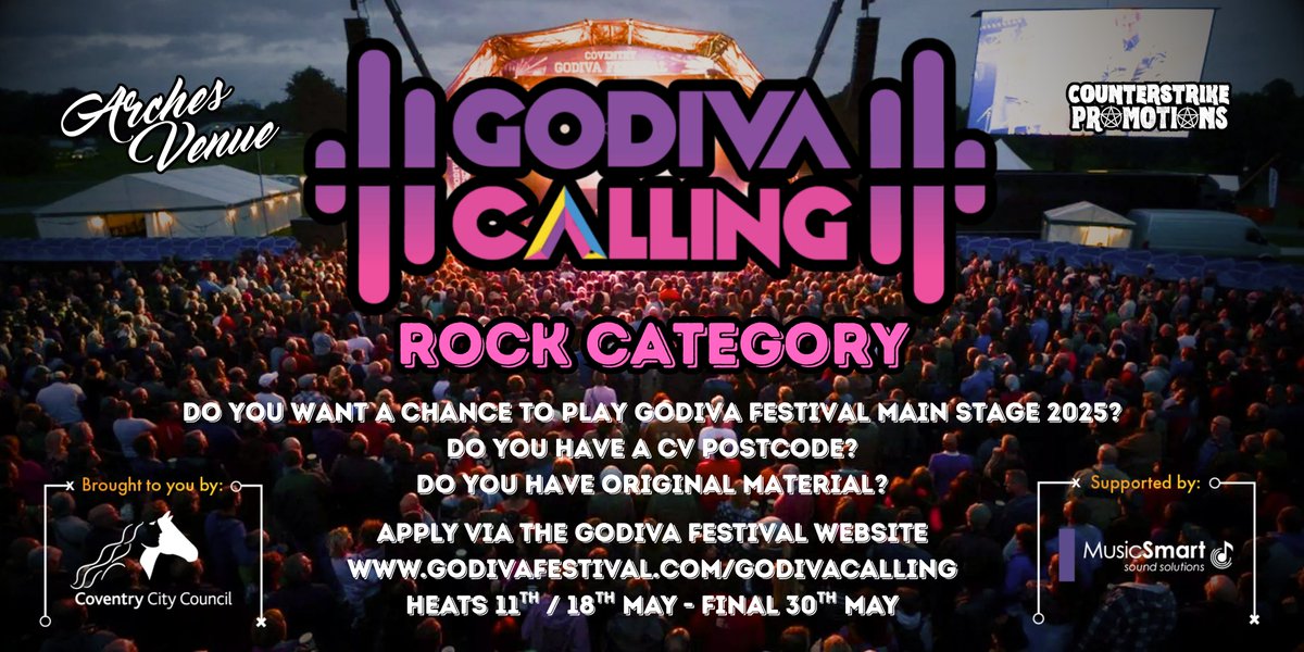 Arches Venue (@archesvenuecov) on Twitter photo 🎉 CALLING ALL COVENTRY ROCK BANDS! 🎉
Do you want to play at <a href="/godivafestival/">Godiva Festival</a> 2025?
Then enter our Godiva Calling Rock competition! 🤘
Must have original music, must have a CV postcode, and no covers.
To enter, please go to godivafestival.com/godivacalling
Entries close 9th May 9am. 🎉 CALLING ALL COVENTRY ROCK BANDS! 🎉
Do you want to play at <a href="/godivafestival/">Godiva Festival</a> 2025?
Then enter our Godiva Calling Rock competition! 🤘
Must have original music, must have a CV postcode, and no covers.
To enter, please go to godivafestival.com/godivacalling
Entries close 9th May 9am.