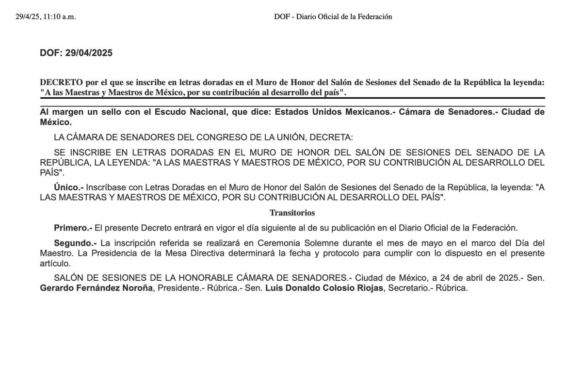 Hoy se publicó en el #DOF el Decreto para inscribir en letras doradas en el <a href="/senadomexicano/">Senado de México</a> la leyenda: "A las Maestras y Maestros de México, por su contribución al desarrollo del país". Propuesta del Srio. Gral. del #SNTE y senador, Mtro. Alfonso Cepeda Salas.
