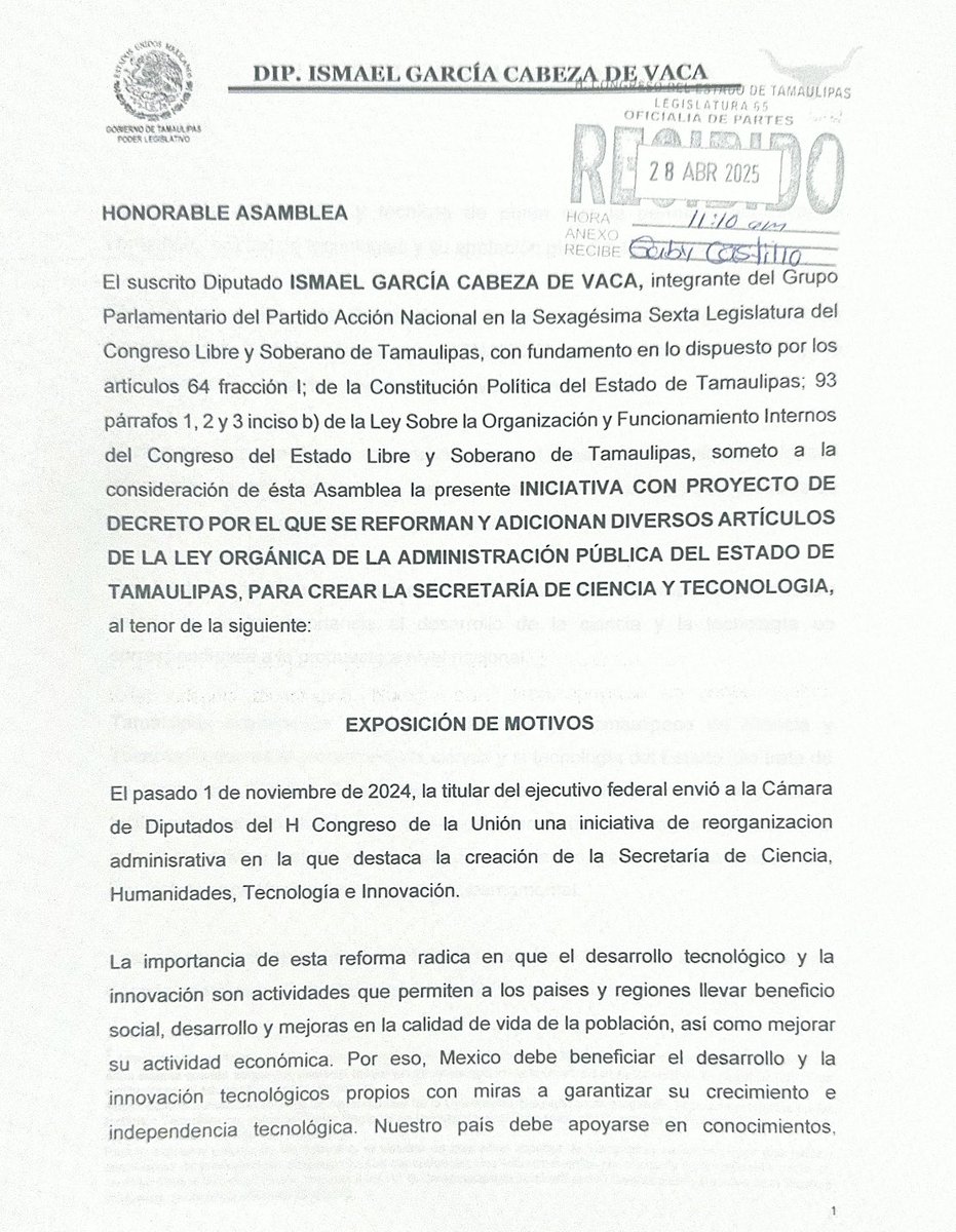 Ismael Cabeza de Vaca (@igcabezadevaca) on Twitter photo 📚 En Tamaulipas, la ciencia no puede seguir siendo un tema olvidado.
Hoy planteamos un cambio en el <a href="/CongresoTams/">Congreso Tamaulipas</a>:
Crear la Secretaría de Ciencia y Tecnología para que nuestros investigadores, estudiantes y emprendedores tengan el apoyo que merecen.
¡El futuro empieza ahora! 🚀 📚 En Tamaulipas, la ciencia no puede seguir siendo un tema olvidado.
Hoy planteamos un cambio en el <a href="/CongresoTams/">Congreso Tamaulipas</a>:
Crear la Secretaría de Ciencia y Tecnología para que nuestros investigadores, estudiantes y emprendedores tengan el apoyo que merecen.
¡El futuro empieza ahora! 🚀