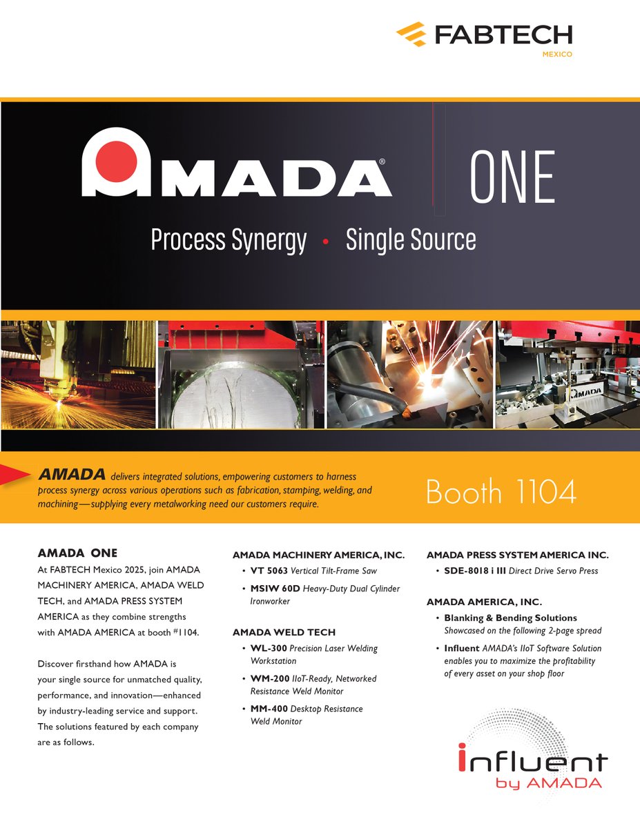 AmadaAmericaInc's tweet photo. May 6-8, join AMADA at @fabtechmexico in booth #1104 and discover the latest in sheet metal fabrication technology. From precision laser cutting to automated bending solutions, see how we're shaping the future of manufacturing. https://t.co/JSB6RpYzGq

#AMADA #FABTECHMexico https://t.co/aVrJXVZiUs