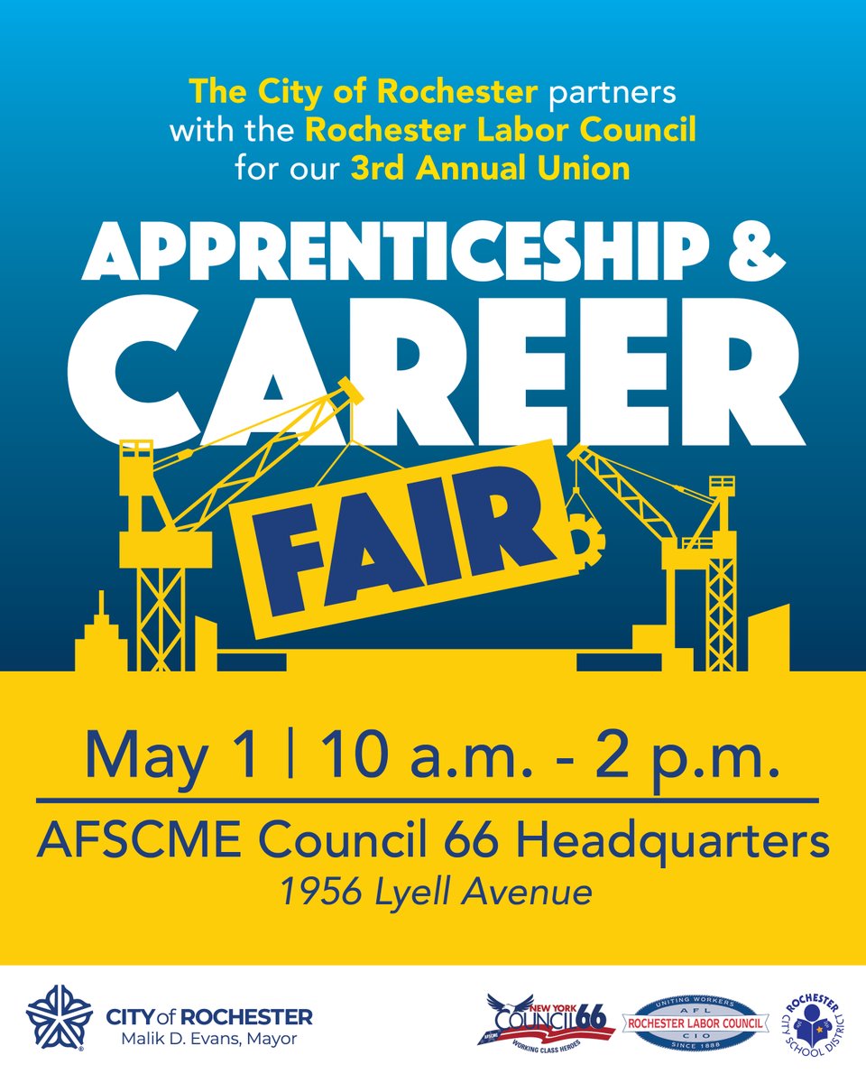 We are partnering with the Rochester Labor Council to host the 3rd Annual Union Apprenticeship &amp; Career Fair on Thursday, May 1, from 10 a.m. to 2 p.m. at AFSCME Council 66 Headquarters

Learn more: cityofrochester.gov/events/3rd-ann…