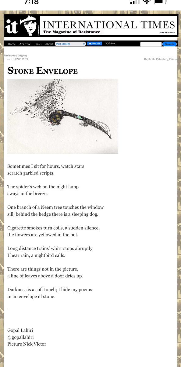Gopal Lahiri (@gopallahiri) on Twitter photo My poem ‘Stone Envelope’ was published recently in the UK based International Times Magazine! My sincere thanks to the editor- illustrator Nick Victor!
<a href="/sreelekha001/">Sreelekha Chatterjee</a> <a href="/ankit_raj01/">Ankit Raj Ojha</a>
<a href="/ronita_c/">Ronita C</a> <a href="/ayazrasoolnazki/">ayaz nazki</a> My poem ‘Stone Envelope’ was published recently in the UK based International Times Magazine! My sincere thanks to the editor- illustrator Nick Victor!
<a href="/sreelekha001/">Sreelekha Chatterjee</a> <a href="/ankit_raj01/">Ankit Raj Ojha</a>
<a href="/ronita_c/">Ronita C</a> <a href="/ayazrasoolnazki/">ayaz nazki</a>