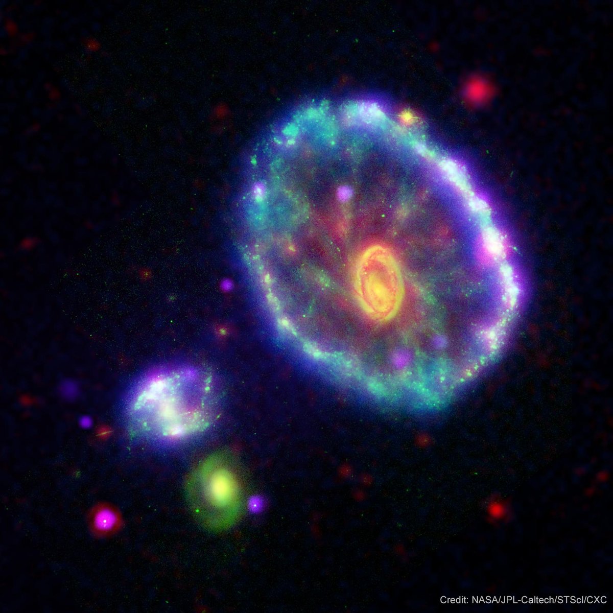 NASA Universe (@nasauniverse) on Twitter photo On a scale of 1-10, rate the Cartwheel galaxy’s neat trick! <a href="/NASAHubble/">Hubble</a>, @ChandraXray, GALEX, and Spitzer captured it in multiple types of light, revealing ripples of star formation from a collision with a smaller galaxy. go.nasa.gov/44yGjrd #NationalCartwheelDay On a scale of 1-10, rate the Cartwheel galaxy’s neat trick! <a href="/NASAHubble/">Hubble</a>, @ChandraXray, GALEX, and Spitzer captured it in multiple types of light, revealing ripples of star formation from a collision with a smaller galaxy. go.nasa.gov/44yGjrd #NationalCartwheelDay