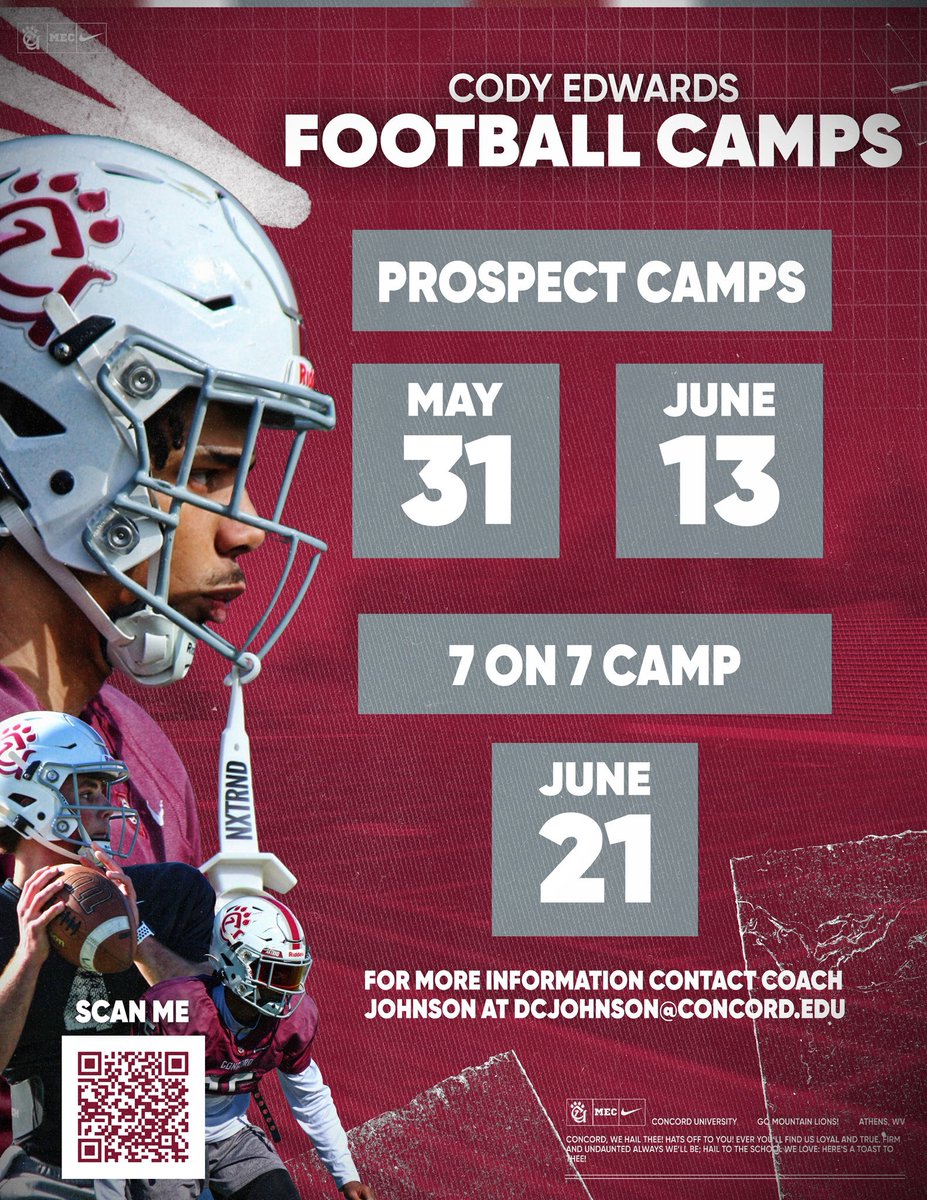 Coach Chris Hawk (@hawkmgmt) on Twitter photo Show up, and show out ‼️
Sign up now and show us if you got what it takes to be a Mountain Lion‼️⛰️ #ALLIN
concordufootballcamps.com <a href="/ConcordFootball/">Concord University Football</a> Show up, and show out ‼️
Sign up now and show us if you got what it takes to be a Mountain Lion‼️⛰️ #ALLIN
concordufootballcamps.com <a href="/ConcordFootball/">Concord University Football</a>